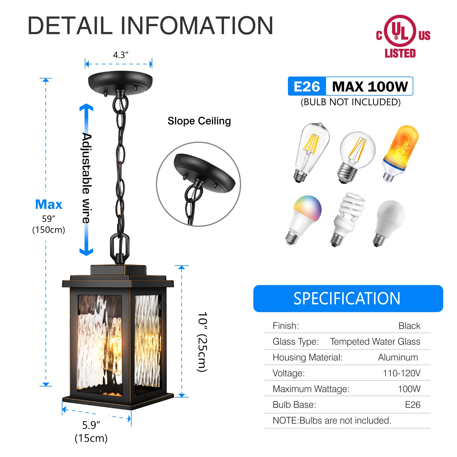 Outdoor Pendant Light Fixture, Farmhouse Exterior Hanging Lights with Adjustable Chain, Anti-Rust Aluminum Frame with Tempered Water Glass, Hanging Lantern for Front Door Ceiling Entry Porch