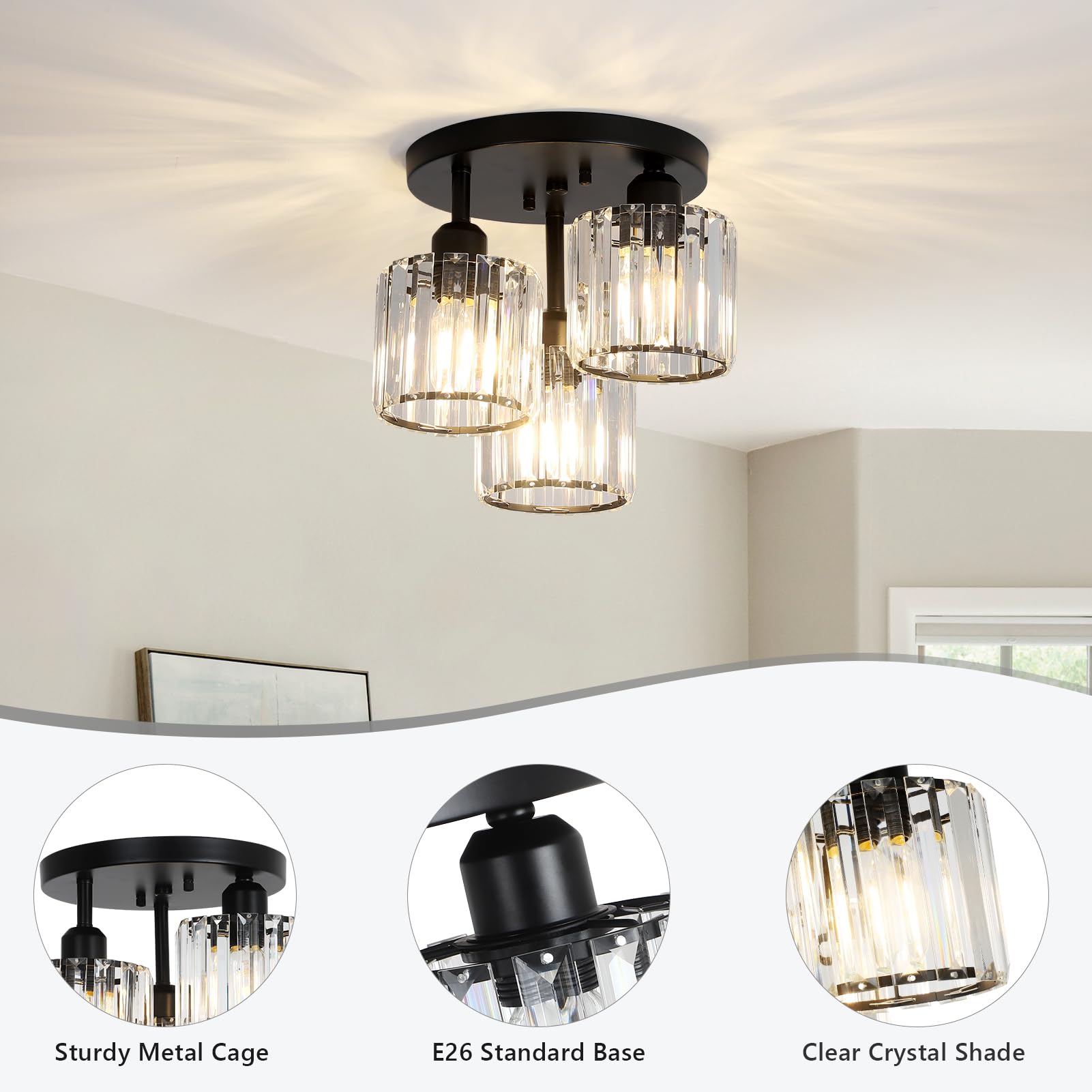 Modern Semi Flush Mount Ceiling Light,3-Light Crystal Close to Ceiling Light Fixtures,Golden Kitchen Light Fixtures with Clear Crystal Shade,Hallway Light Fixtures for Hallway Bedroom Bathroom