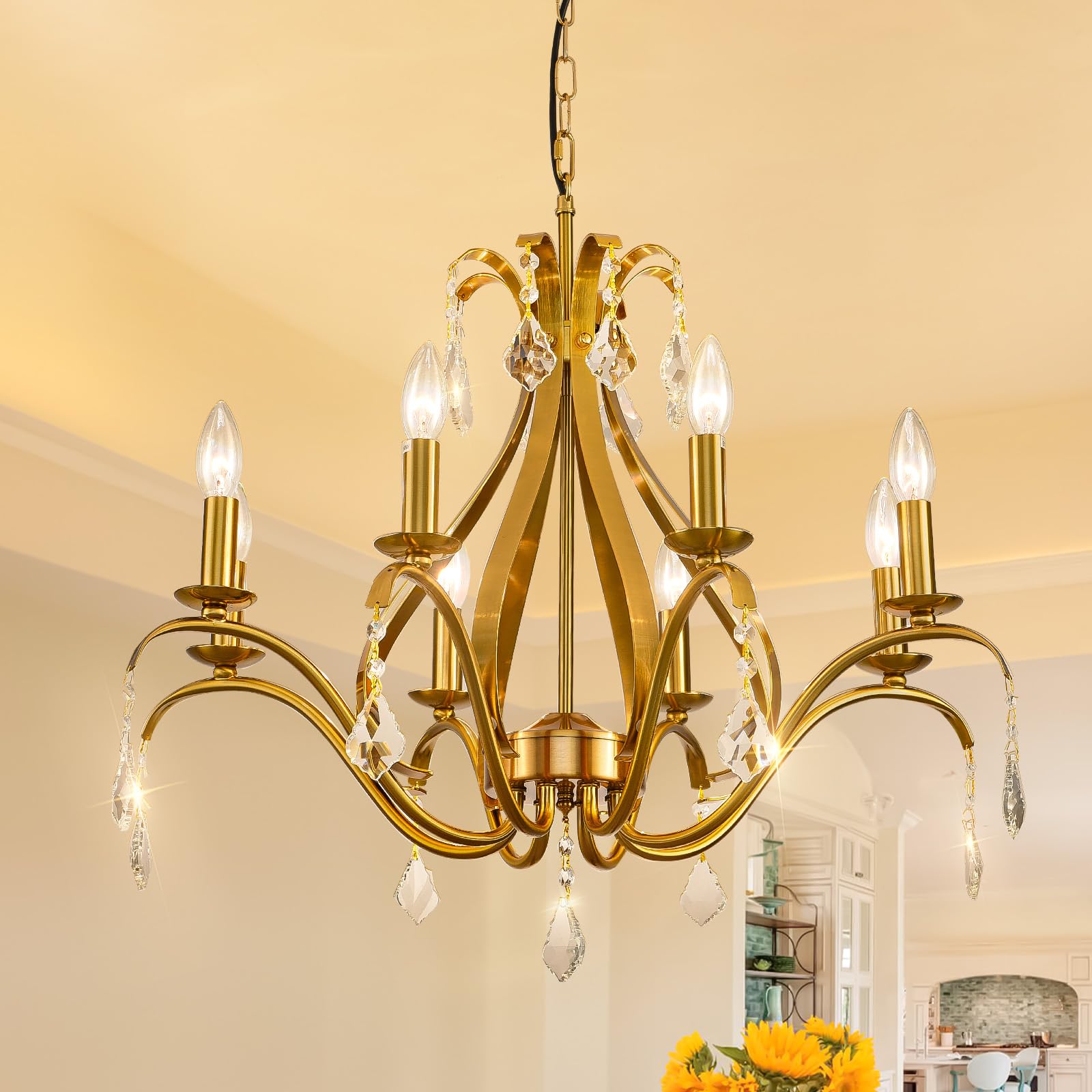 Gold Chandelier Light Fixtures Farmhouse: Modern Chandeliers for Dining Room, 8-Light Gold Crystal Chandelier, Foyer Chandeliers for High Ceilings, for Entryway,kitchen,Bedroom,Living Room,Staircase