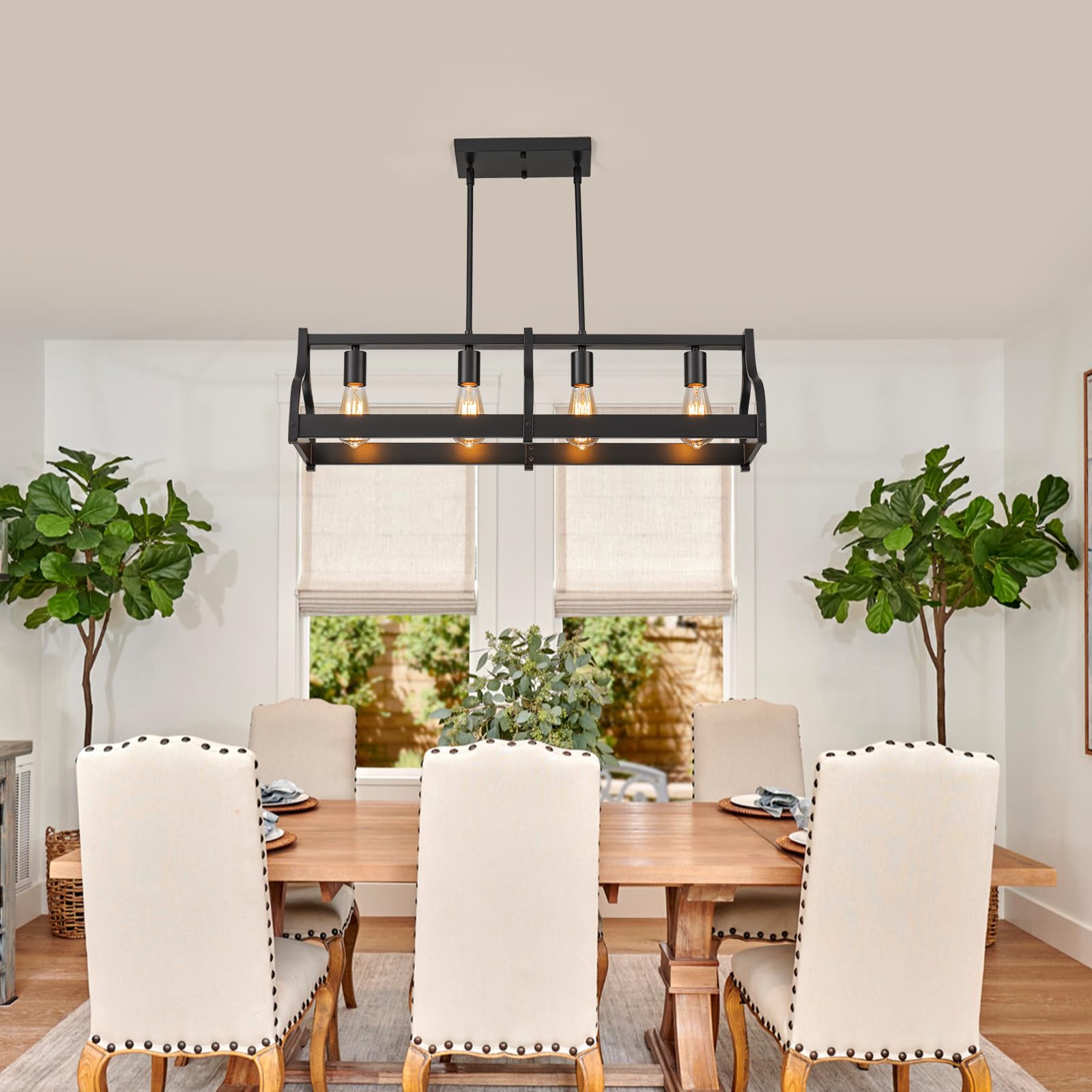 Farmhouse Kitchen Island and Dining Room Chandelier,Rustic 4-Light Linear Pendant Light Fixture with Adjustable Height and High Brightness,Black Industrial Hanging Light