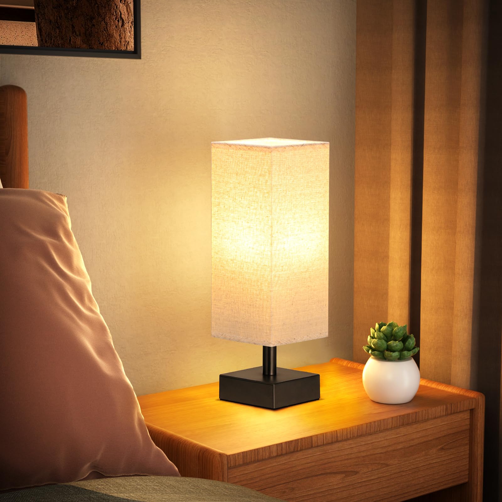 Small Table Lamp for Bedroom - Bedside Lamps for Nightstand, Minimalist Night Stand Light Lamp with Square Fabric Shade, Desk Reading Lamp for Kids Room Living Room Office Dorm