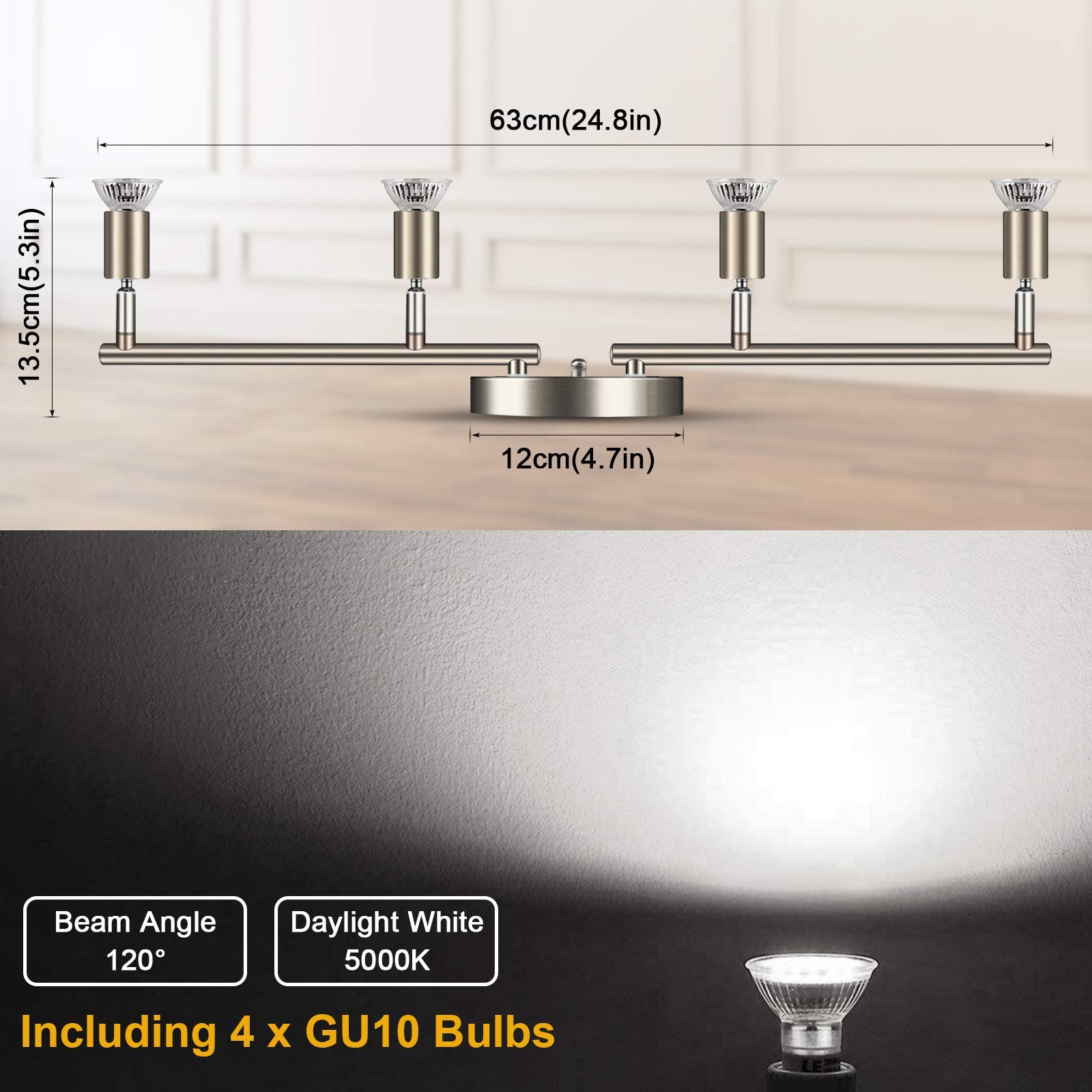 4-Light LED Track Lighting Kit, Flexibly Rotatable Light Heads, 4 Way Ceiling Spotlight Matt Nickel Finish, Including 4 GU10 LED Bulbs (4W 400LM Daylight White 5000K)