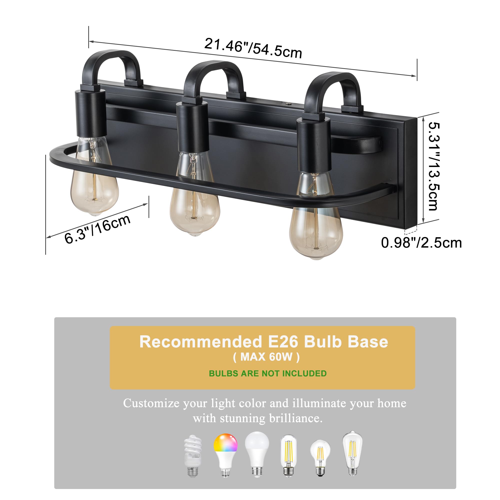 Industrial Vanity Light Fixture, 3-Light Matte Black Farmhouse Bathroom Wall Sconce Lighting