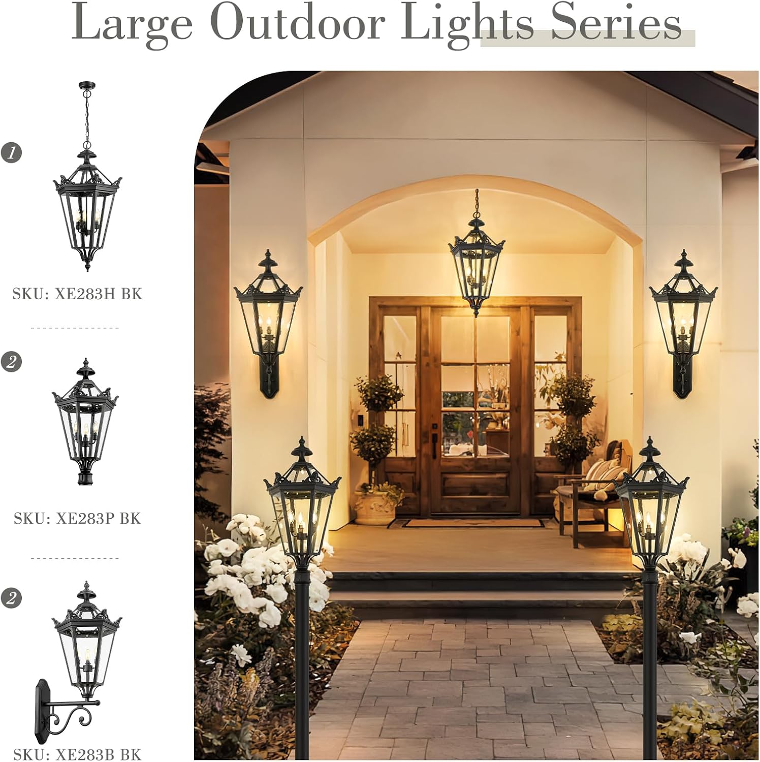 32 Inch Outdoor Front Door Hanging Light, Farmhouse Exterior Pendant Lantern Waterproof Ceiling Mount with Seeded Glass, Black Finish, XE283H BK