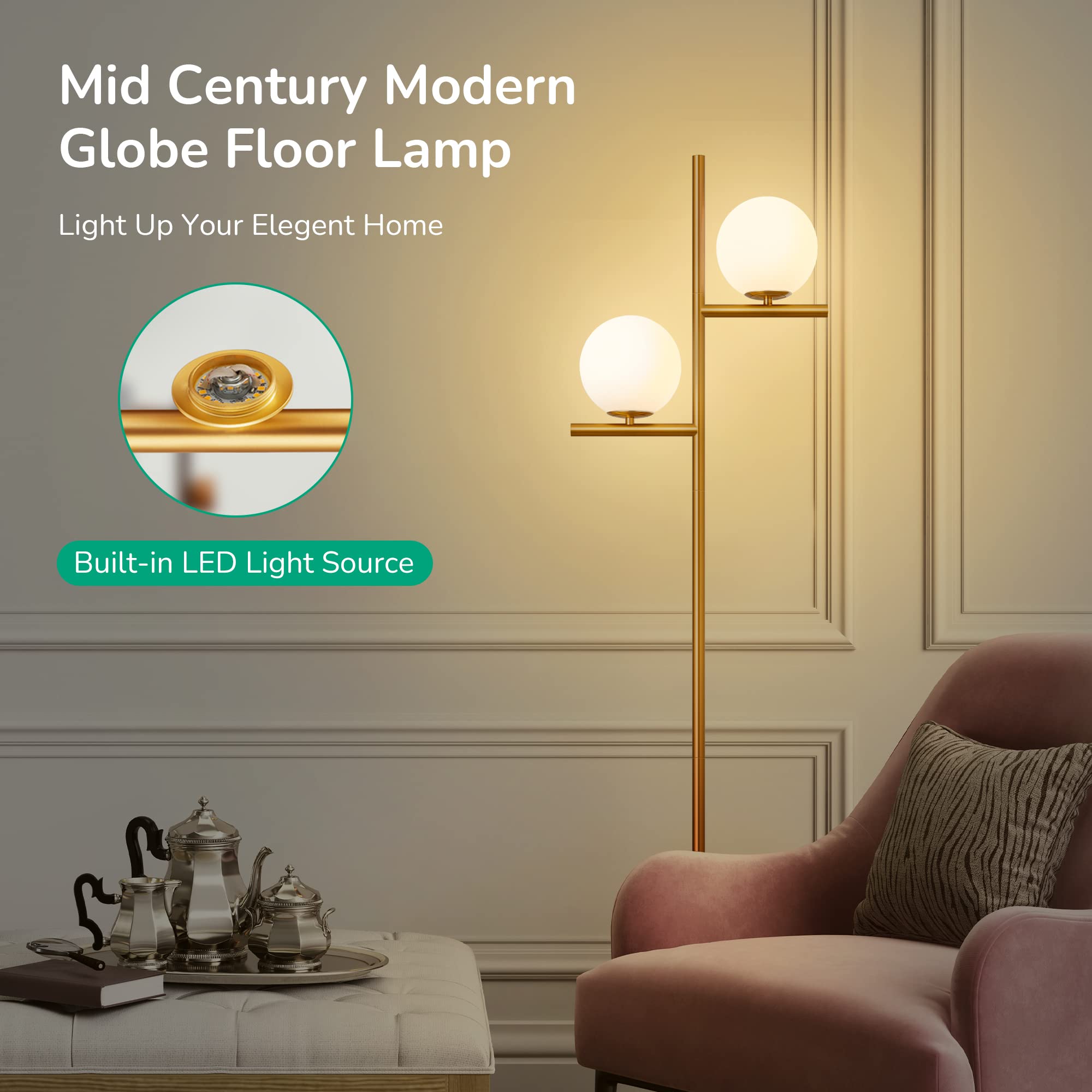 67.5in Mid Century Modern Globe Floor Lamp, Upgraded Dimmable Gold Standing Lamps for Living Room, Frosted Glass Shade, LED Tall Pole Lamp for Bedroom-Brass Plating