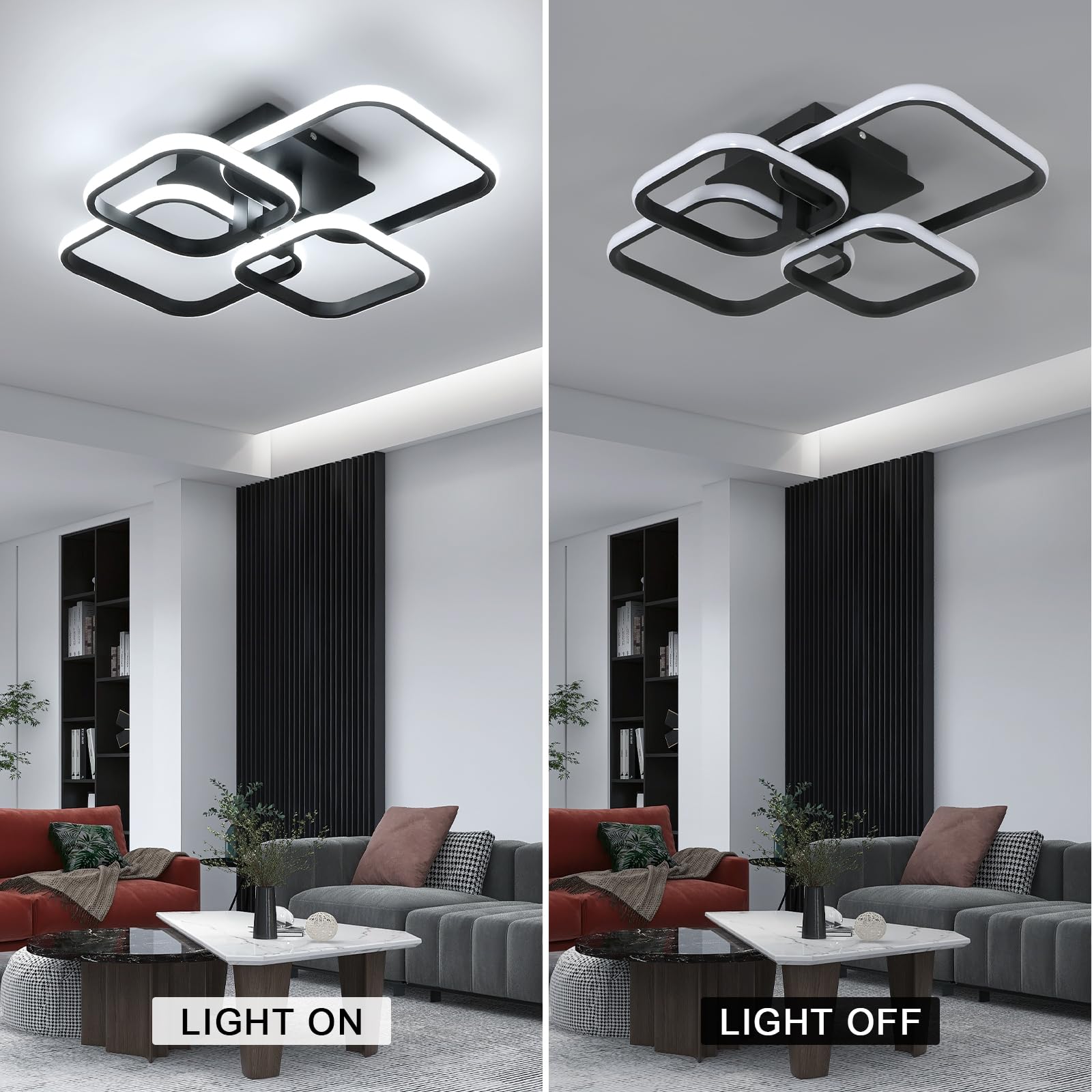 Modern LED Ceiling Light - 60W 4500K Black Semi Flush Mount Ceiling Light Fixtures, 4-Square Design Ceiling Lamp for Living Room, Kitchen, Bedroom, Dining Room