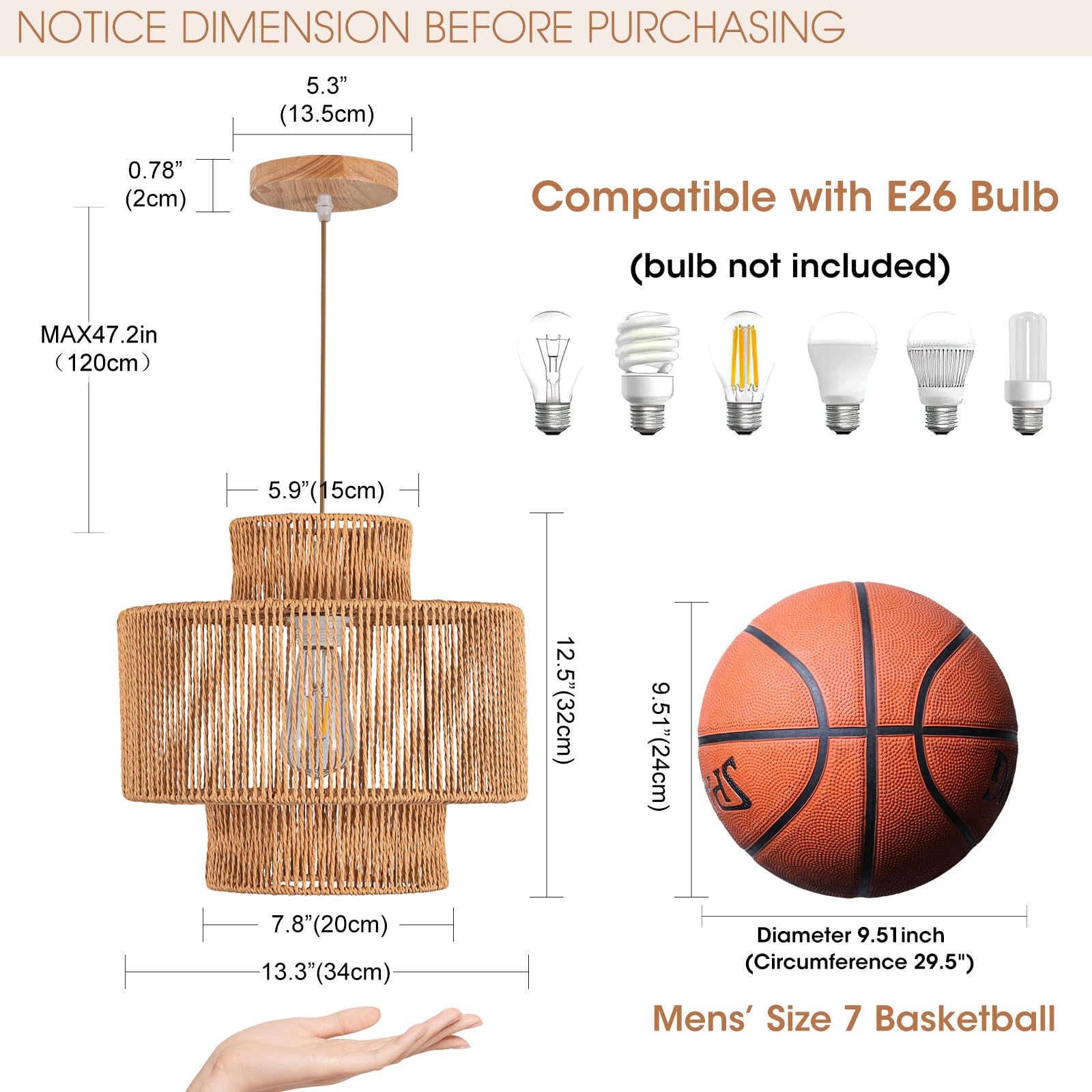 Rattan Pendant Light Fixture Basket Hanging Drum Chandelier Basket Light White Boho Ceiling Light Flush Mount Ceiling Light Woven Kitchen Chandelier for Dinning Room Hallway Bedroom Chandelier