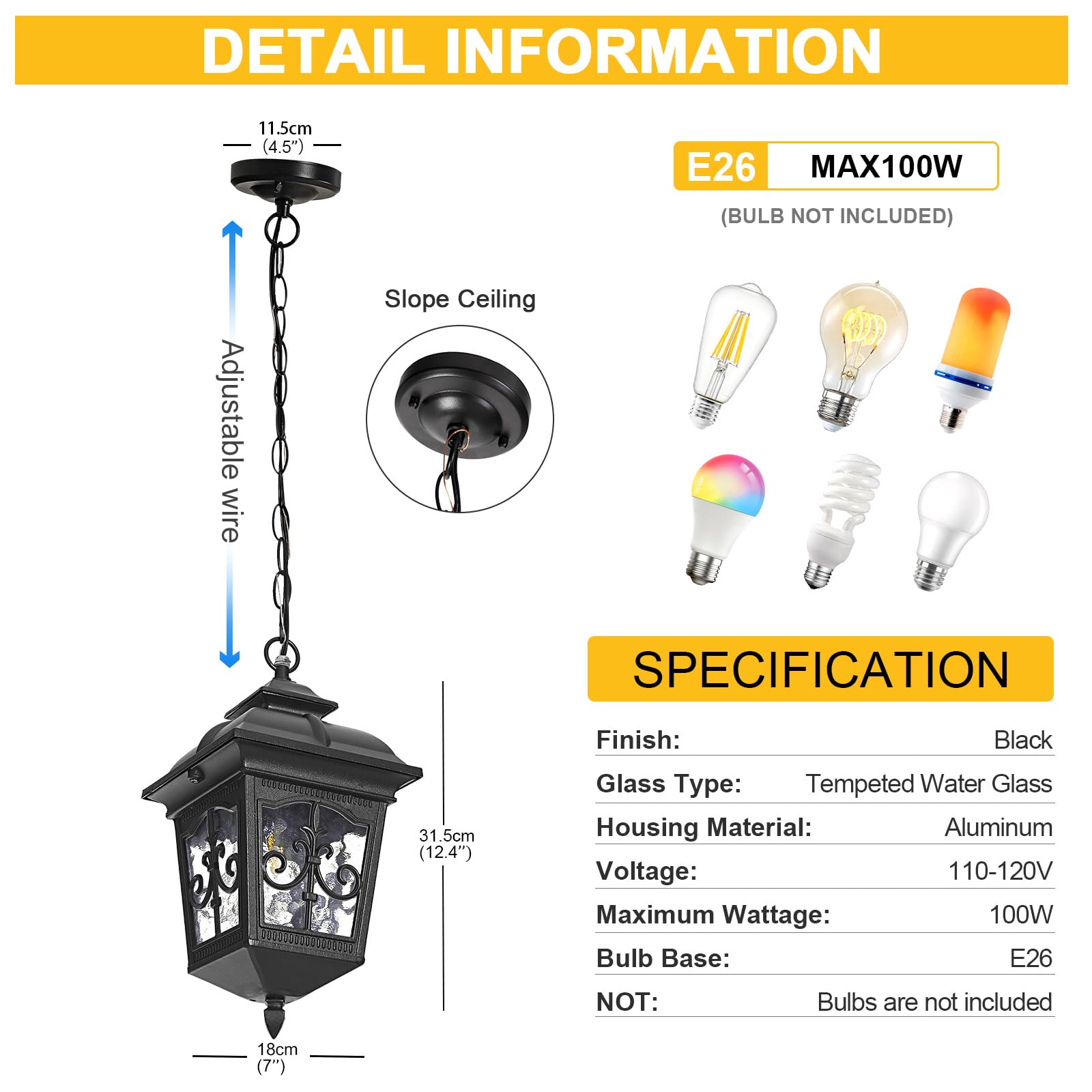 Black Outdoor Pendant Light for Porch Patio Entryway Yard Front Door Beach, Waterproof Pendant Lamp Fixture Indoor Hanging Lantern for Kitchen Dinning Room(1 Pack)