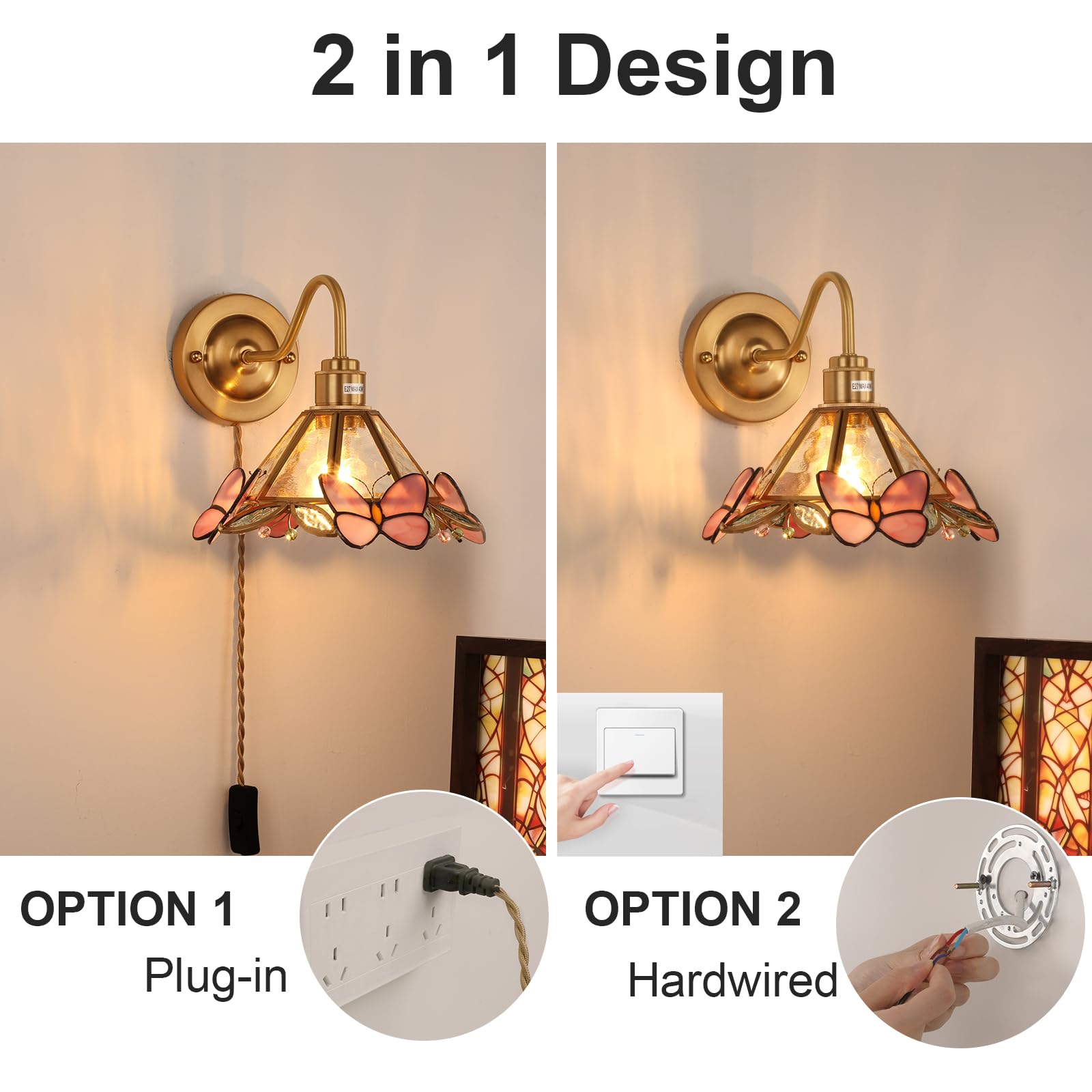 Wall Sconce, Wall Mounted Lamps with Green Checker Sconce, Stained Glass Shade Brass Wall Lights Fixture with Plug in Cord and Switch for Bedroom Bathroom Living Room Hallway