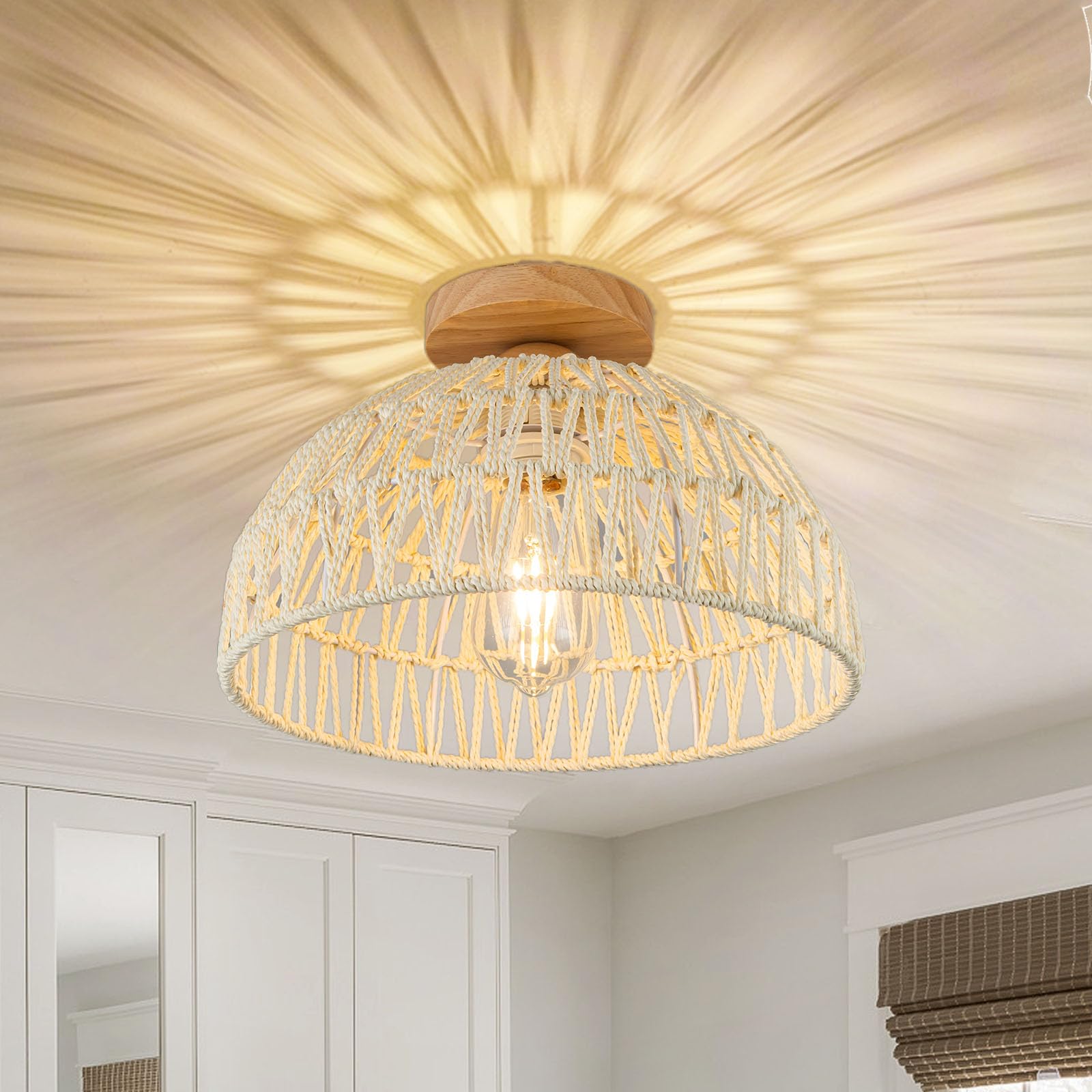 Rattan Pendant Light Fixture Basket Hanging Drum Chandelier Basket Light White Boho Ceiling Light Flush Mount Ceiling Light Woven Kitchen Chandelier for Dinning Room Hallway Bedroom Chandelier