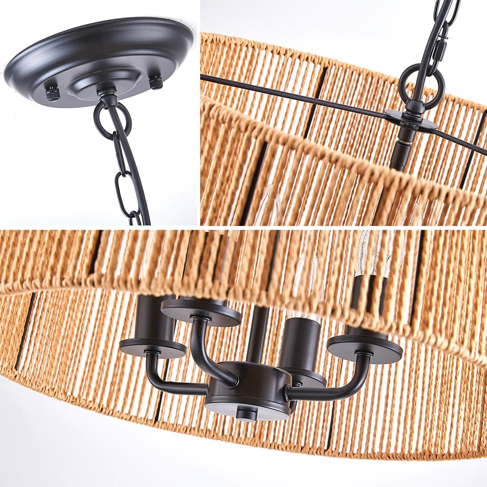 Rattan Wicker Drum Chandelier Light Fixtures,4 Light Boho Pendant Light Farmhouse Rustic Hand Woven Lighting for Dining Room Kitchen Island Living Room Bedroom