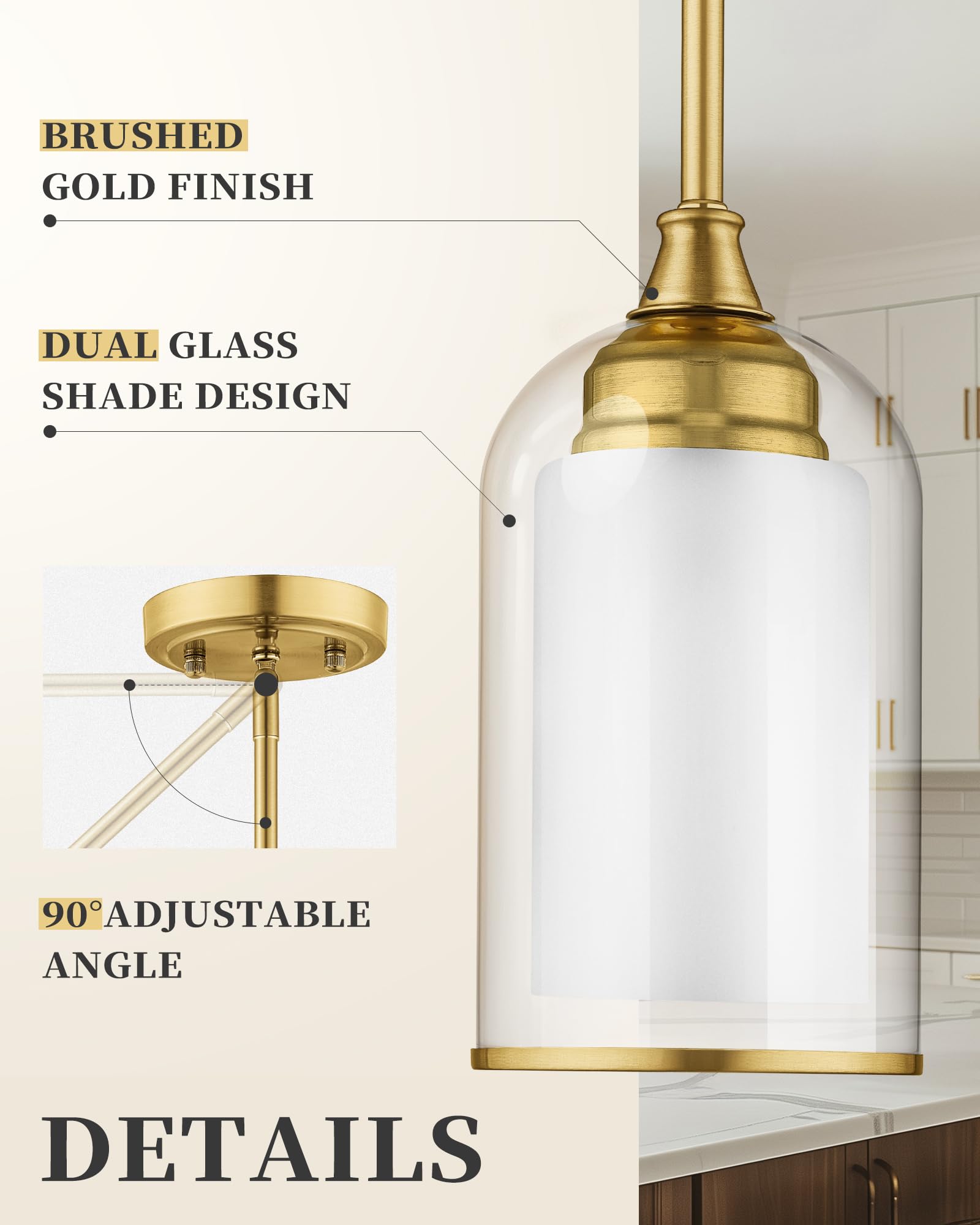 2 Pack Pendant Lights, Vintage Dual Glass Hanging Lamp, Brushed Gold Pendant Lights Kitchen Island with Clear and Milk Glass, Pendant Lighting for Dining Room PL02BR-2PK