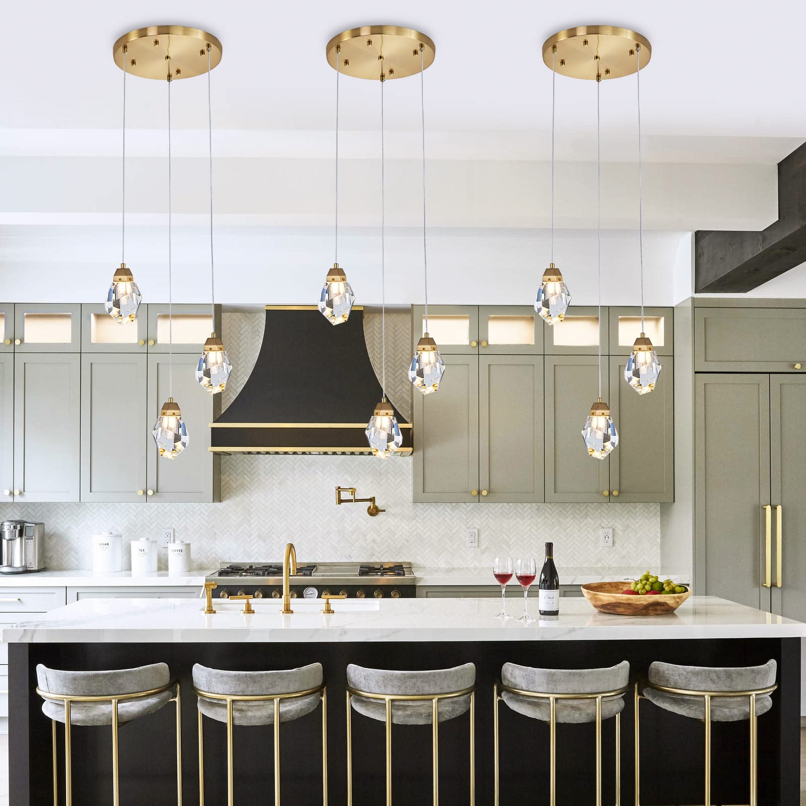 3 Lights Crystal Pendant Light Modern Cluster Chandelier - Dimmable LED Pendant Light Fixture with Brass Teardrop Design - Stylish Lighting for Kitchen Island, Dining Room, Hallway, Bathroom