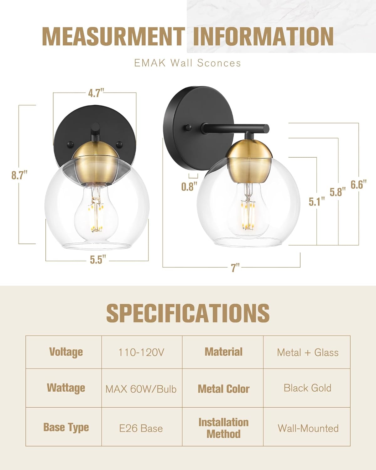 Black Vanity Lights for Mirror, Modern Farmhouse 2-Light Bathroom Light Fixtures Globe Bathroom Vanity Light with Milk Glass Shade, VL114-BK-ML-2