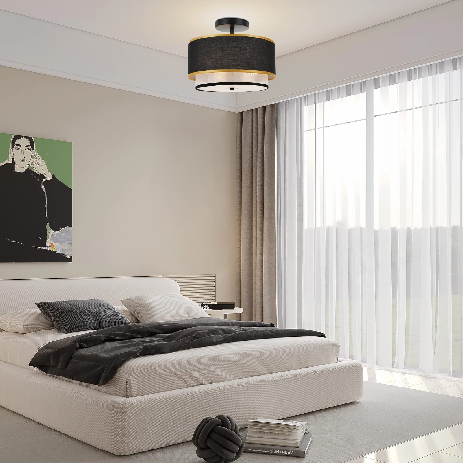 Modern Semi Flush Mount Ceiling Light - Easric Light Fixtures Ceiling Mount Hallway Light Fixtures Ceiling with Black 2-Layer Fabric Shade Drum Ceiling Lights for Bedroom,Dining Room,Kitchen,Foyer