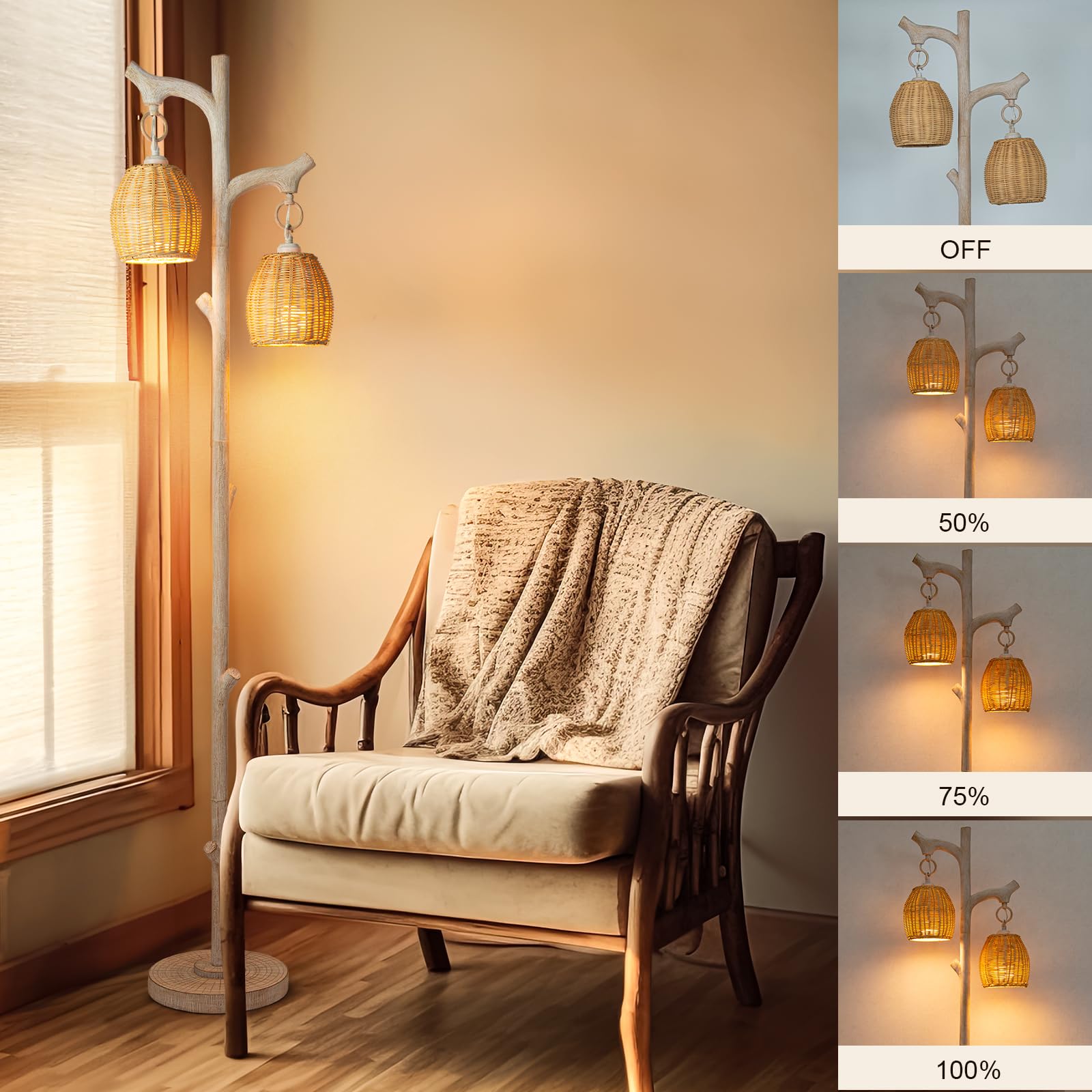 68.5" Rustic Farmhouse Remote Control Switch Birch Tree Floor lamp with Bird Nest Lantern Shade Vintage Standing Lamp for Living Room Bedroom Hotel Bar Office Wood House(LED Bulb Included)