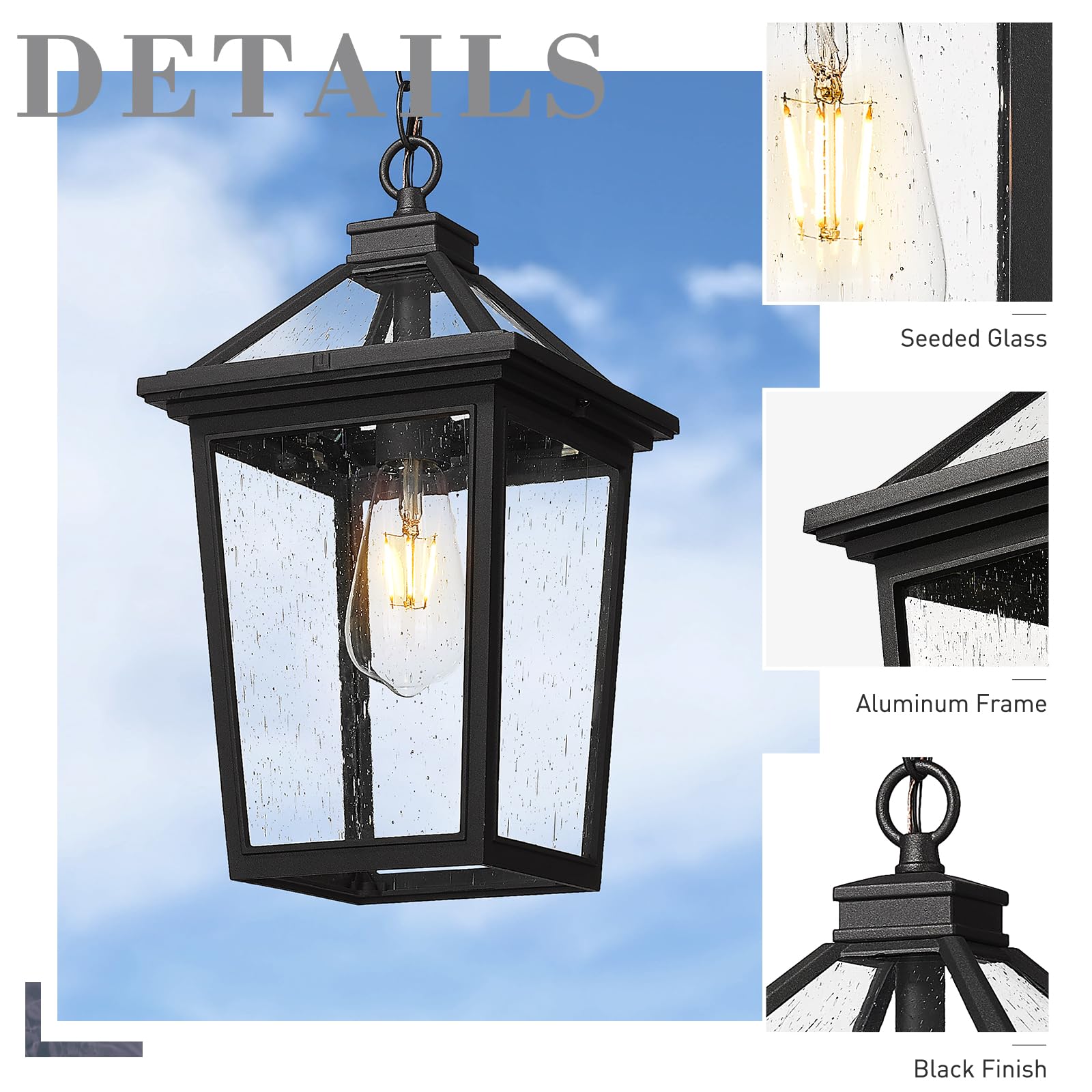 Farmhouse Outdoor Ceiling Hanging Light, 12 Inch Industrial Pendant Light Fixture for Front Porch, Die-Cast Aluminum in Black Finish with Seeded Glass, ZX58H BK