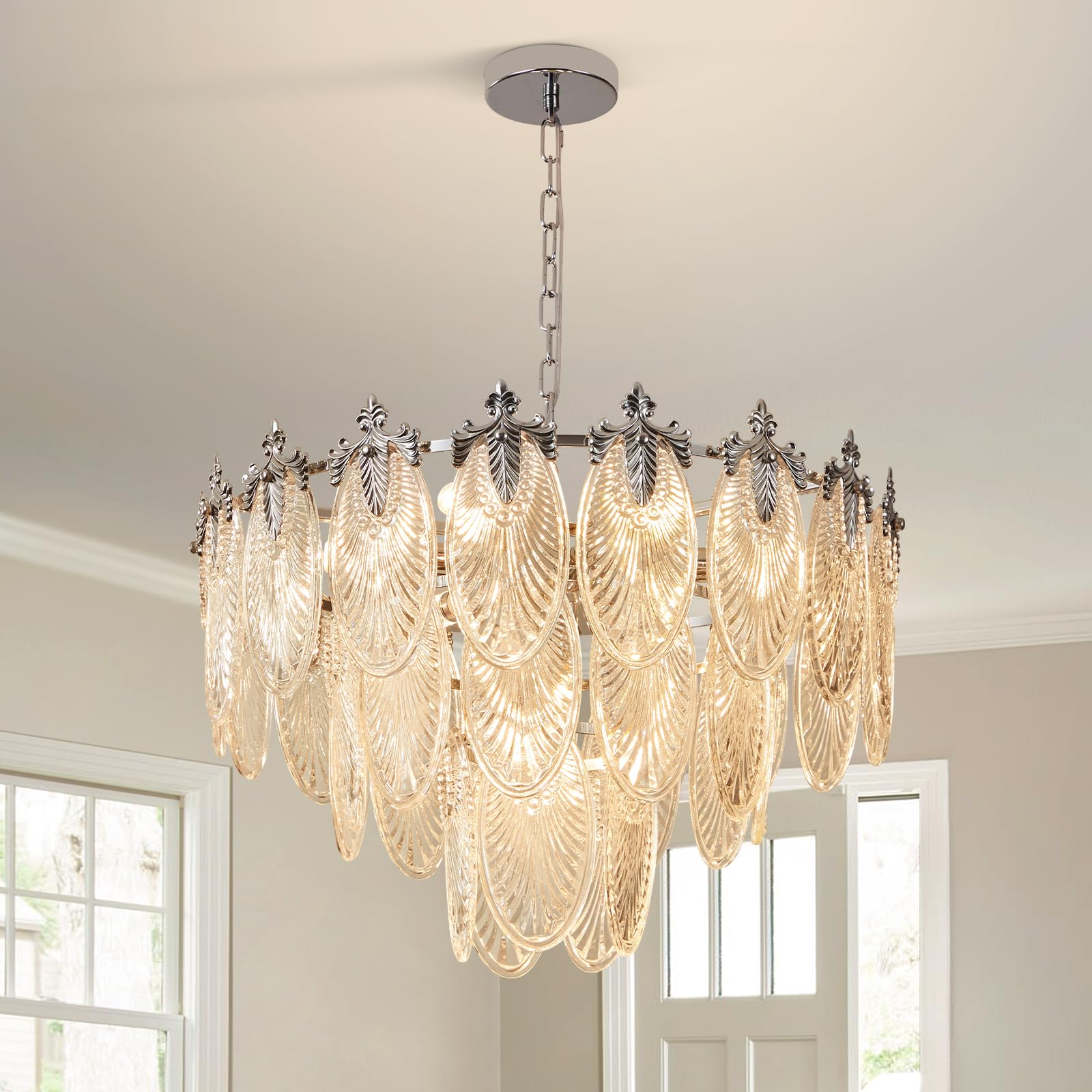 Antique Chandeliers 3-Layer Crystal Glass Chandelier, 9-Lights Round Pendant Light 23.6" Brushed Brass Gold Adjustable Height, Applicable to Dining Room, Bedroom, Living Room, Foyer, Kitchen Island