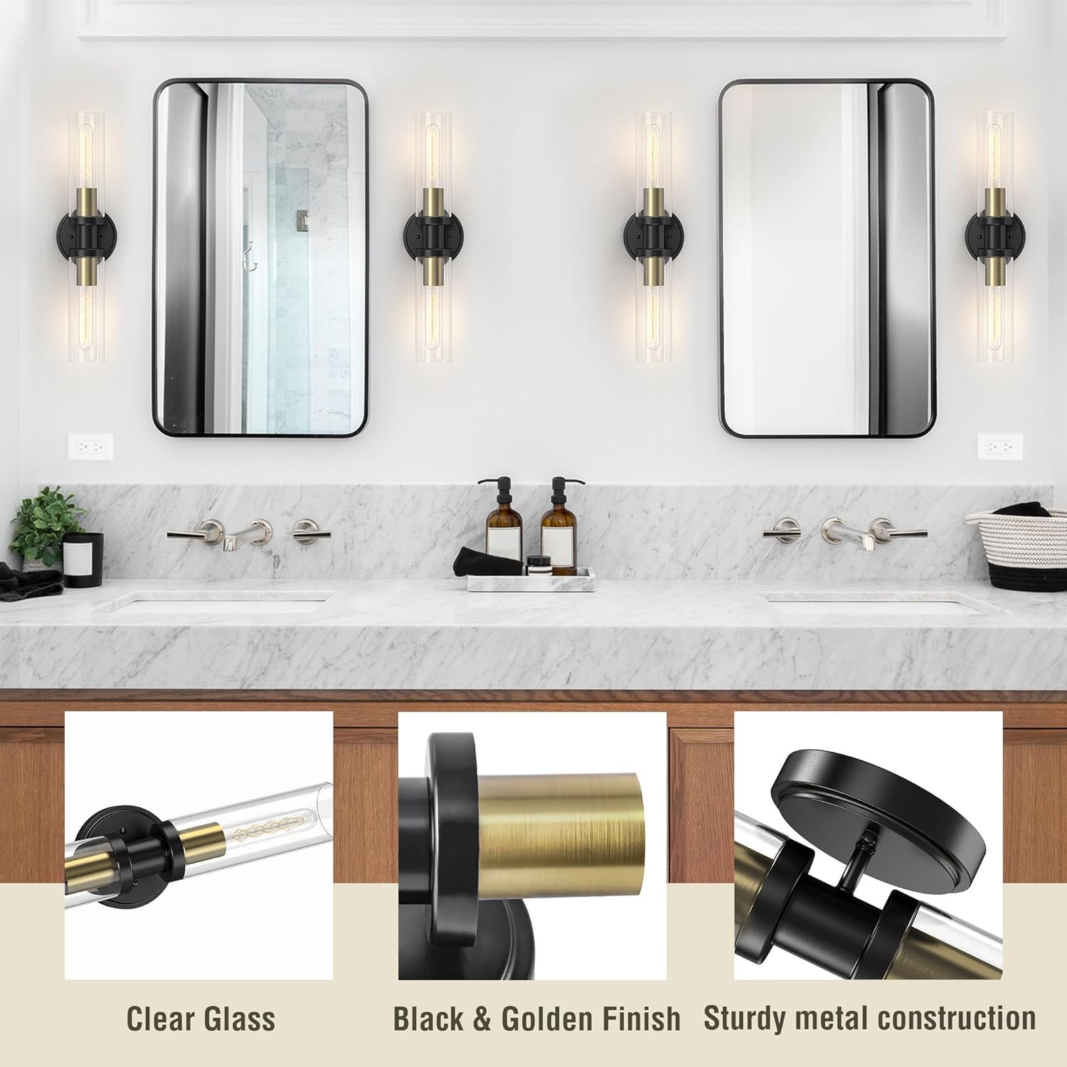 Bathroom Light Fixtures 2-Light Black & Gold, Bathroom Vanity Lights Over Mirror, Wall Sconces, Industrial Bathroom Lighting, Modern Brushed Brass Vanity Lighting Fixtures w/Glass Shades