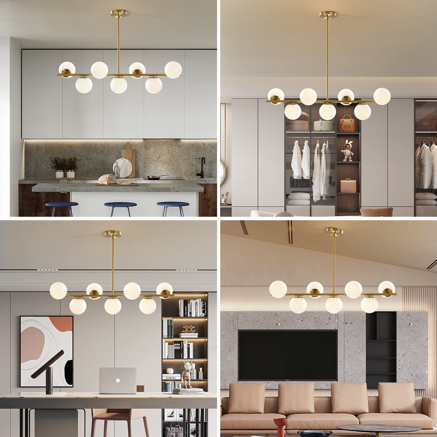 KCO Lighting Modern Brass Linear Chandelier Pendant Light 7-Lights Gold and White Glass Pendant Lighting Mid Century Globe Dining Light Fixture for Living Room Kitchen