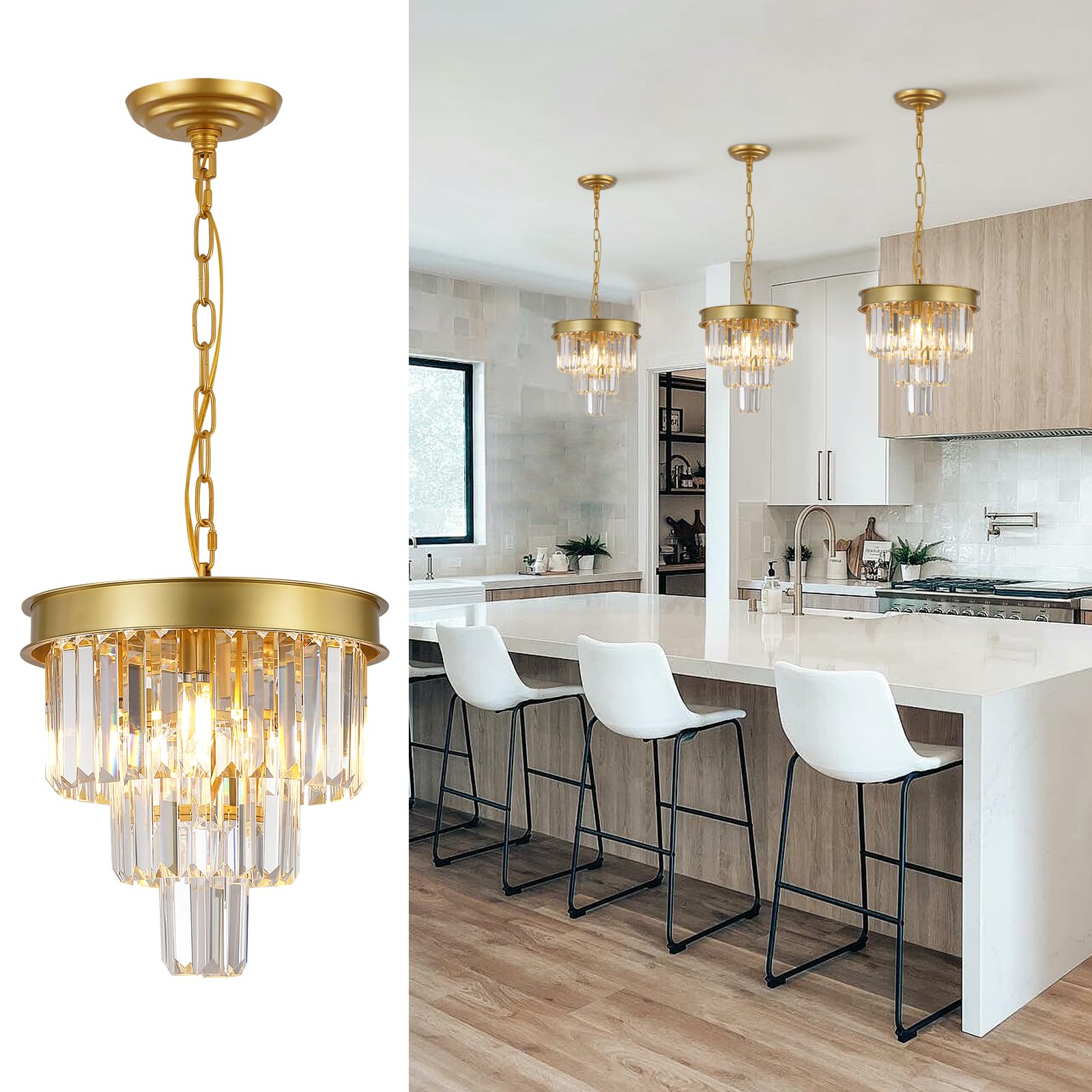 Modern Crystal Chandelier Gold 24” Round Chandelier for Dining Room 12 Light Ceiling Pendant Light Fixture Raindrop Luxury Gold Flush Mount Chandelier for Entryway Living Room