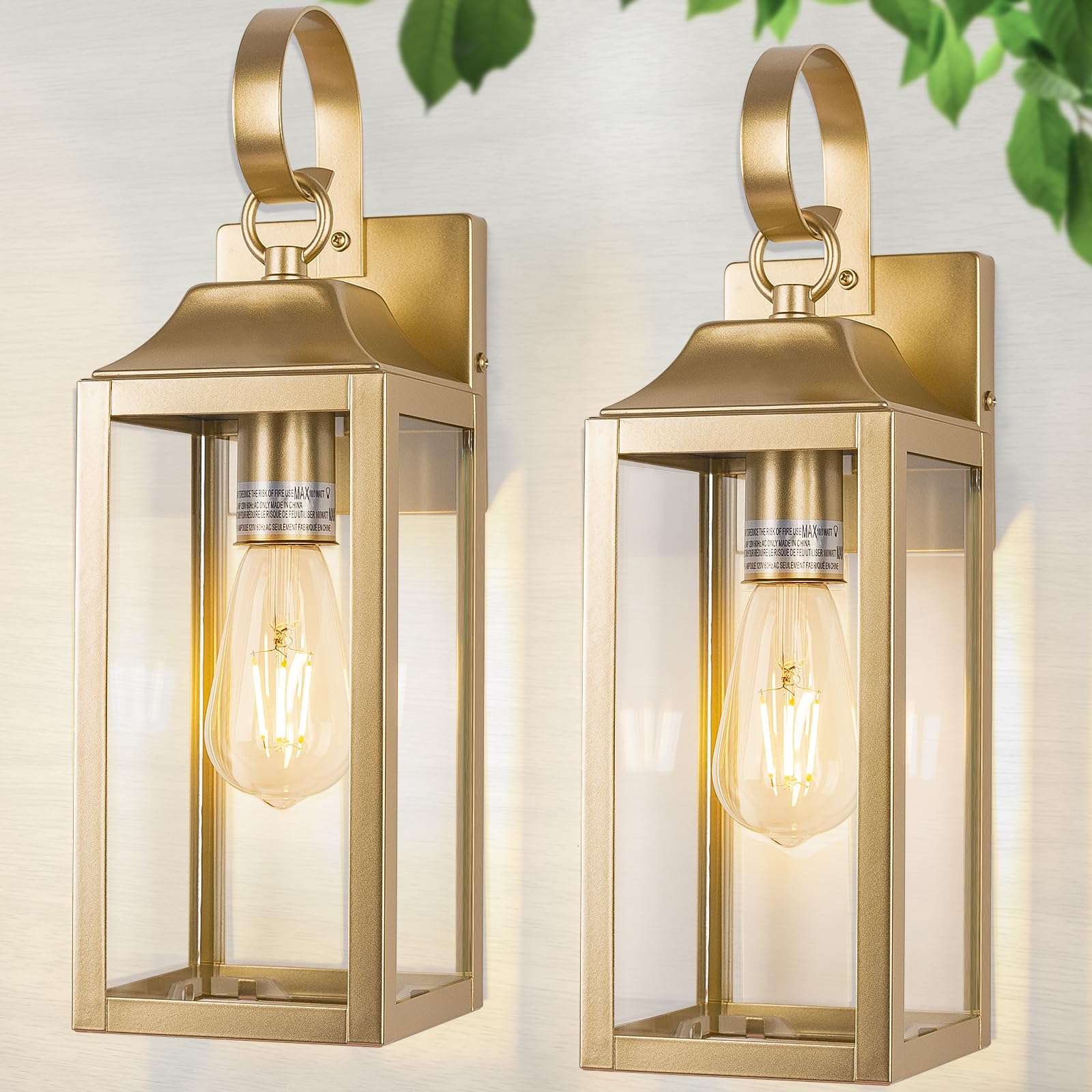 2 Pack Outdoor Light Fixtures Wall Mount, 15 Inch Gold Exterior Wall Sconces Waterproof, Large Outside Lights for House, Modern Wall Lanterns Clear Glass