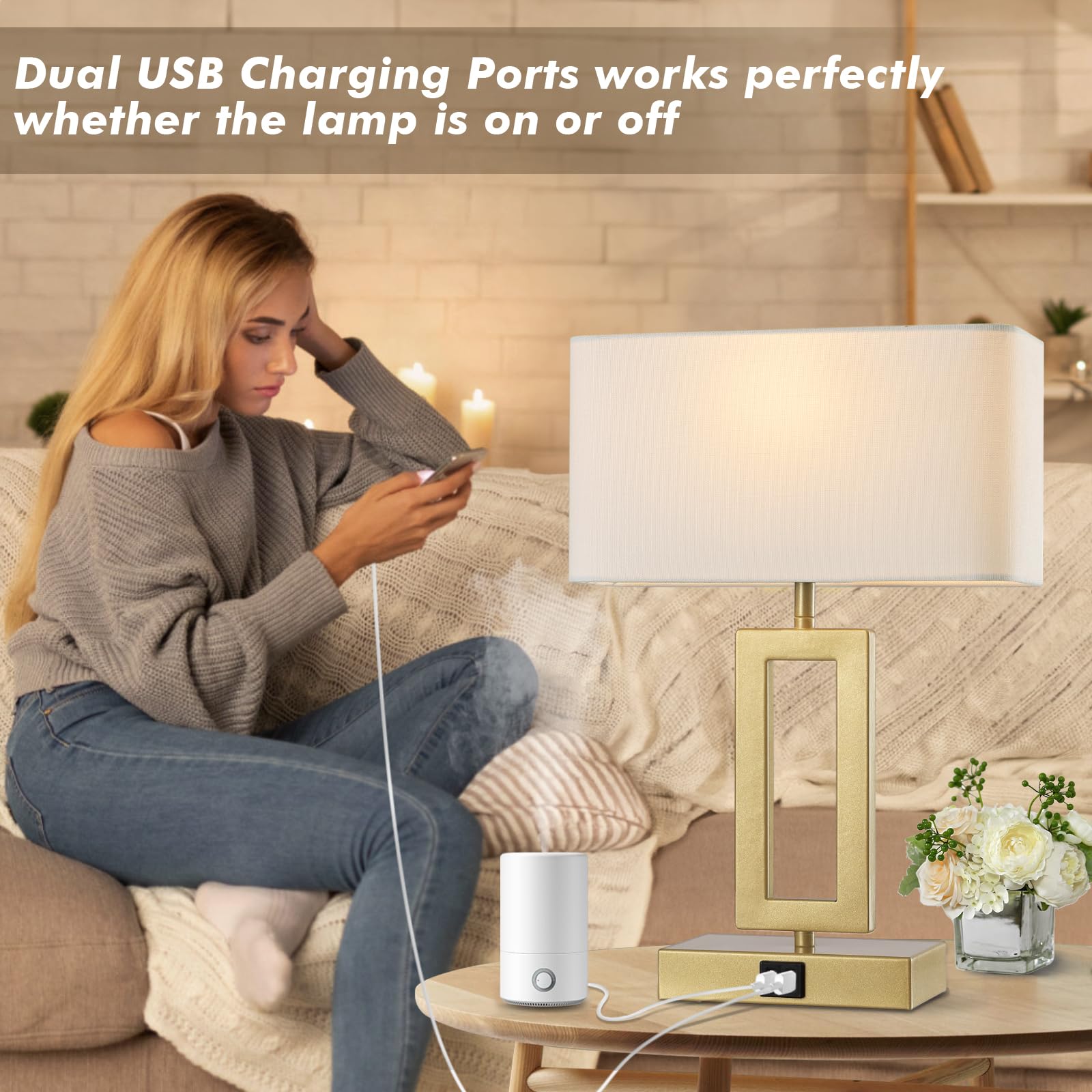 Silver Table Lamps Set of 2 with Dual USB Ports,3-Way Dimmable Touch Control Bedside Lamps,Modern Bedroom Table Lamp for Living Room,Nightstand LED Bulbs Included