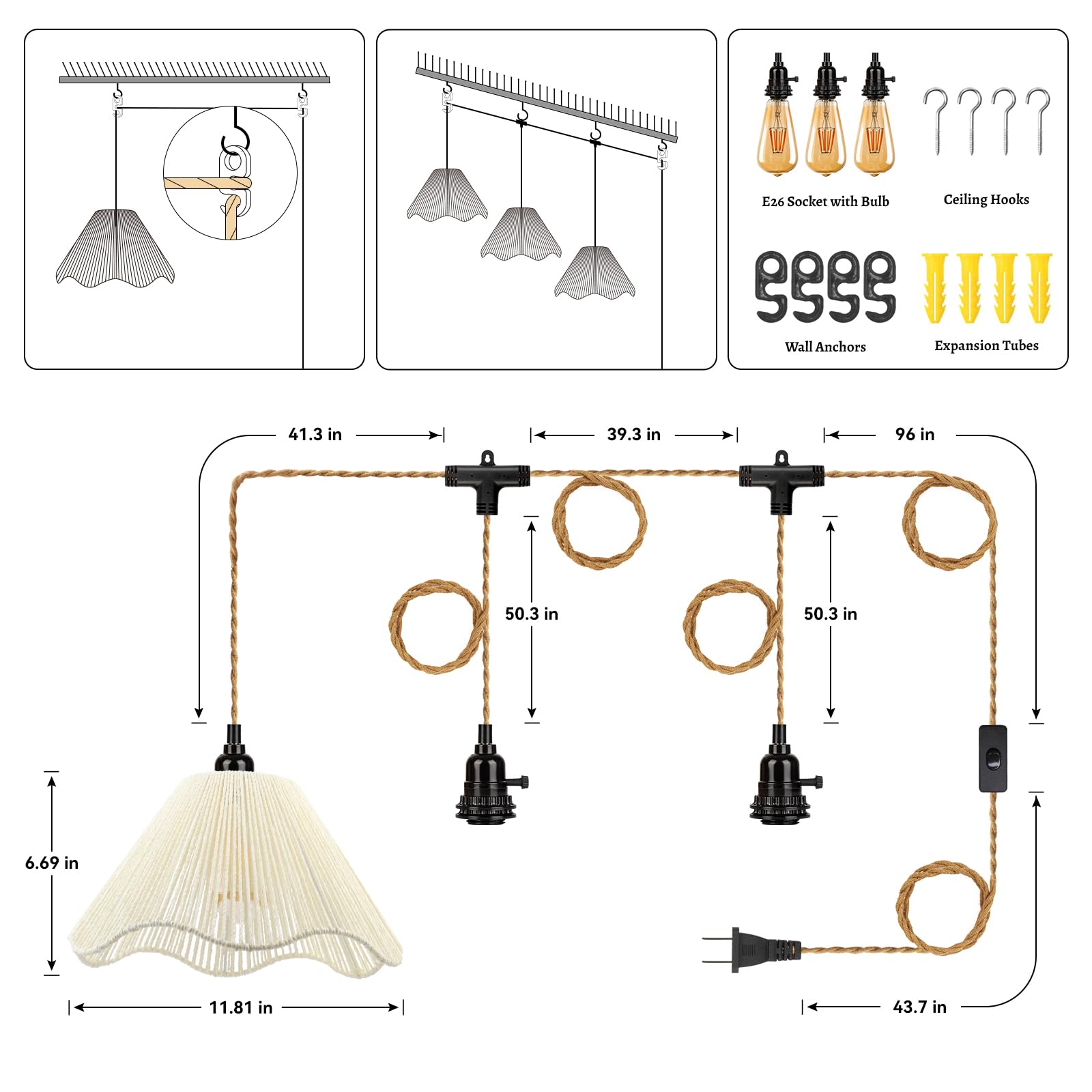 Pendant Lights with Switch & Hemp Rope, Umbrella Shaped Industrial Hanging Light Kit with E26 Socket, Lamp Cord Fixture for Farmhouse Bedroom Living Room Decor- Ivory (3-Lights)