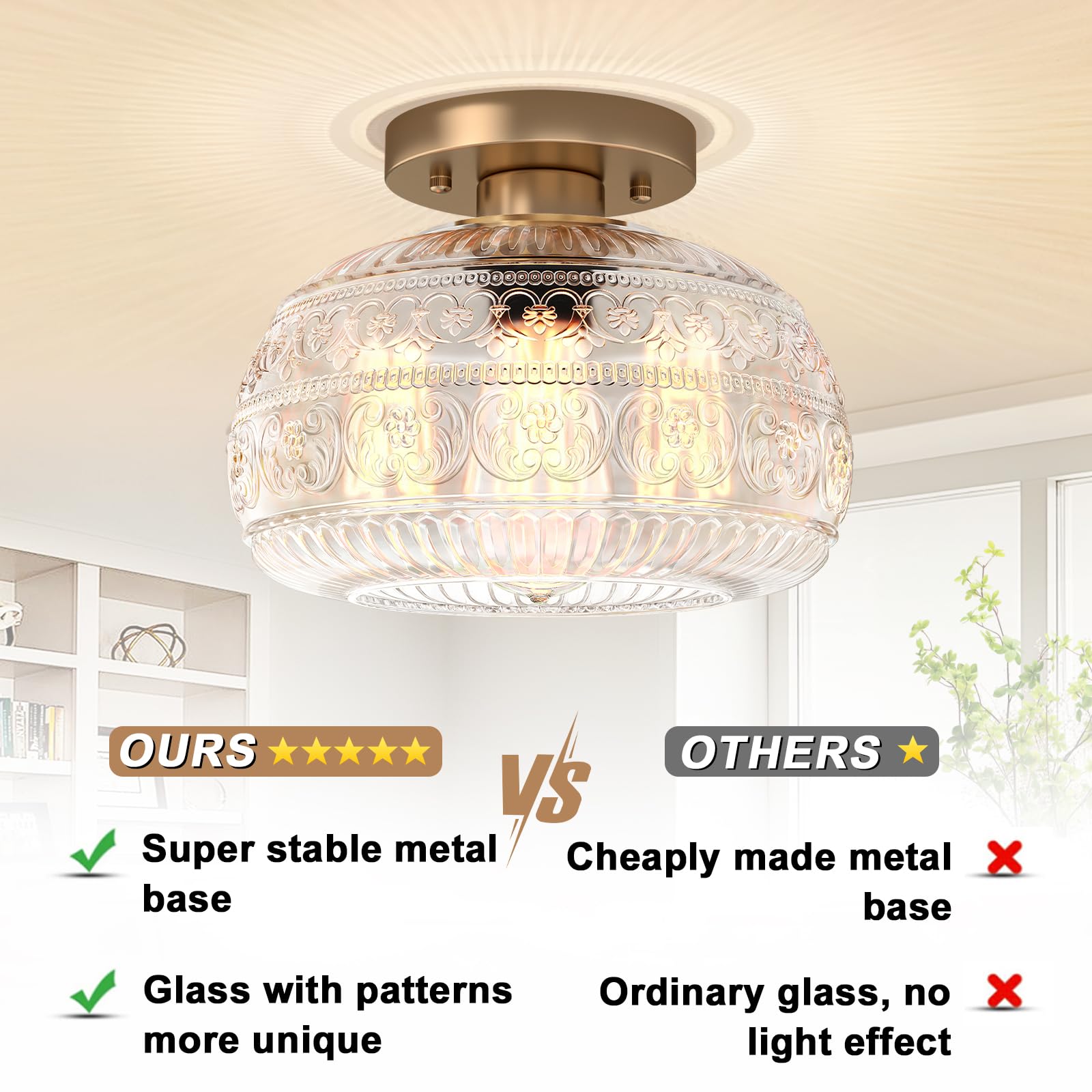 Semi Flush Mount Ceiling Light, Upgraded Modern Close to Ceiling Light Fixture with Clear Glass,Gold Indoor Kitchen Lighting for Porch Corridor Hallway Bedroom, Bulb Not Included