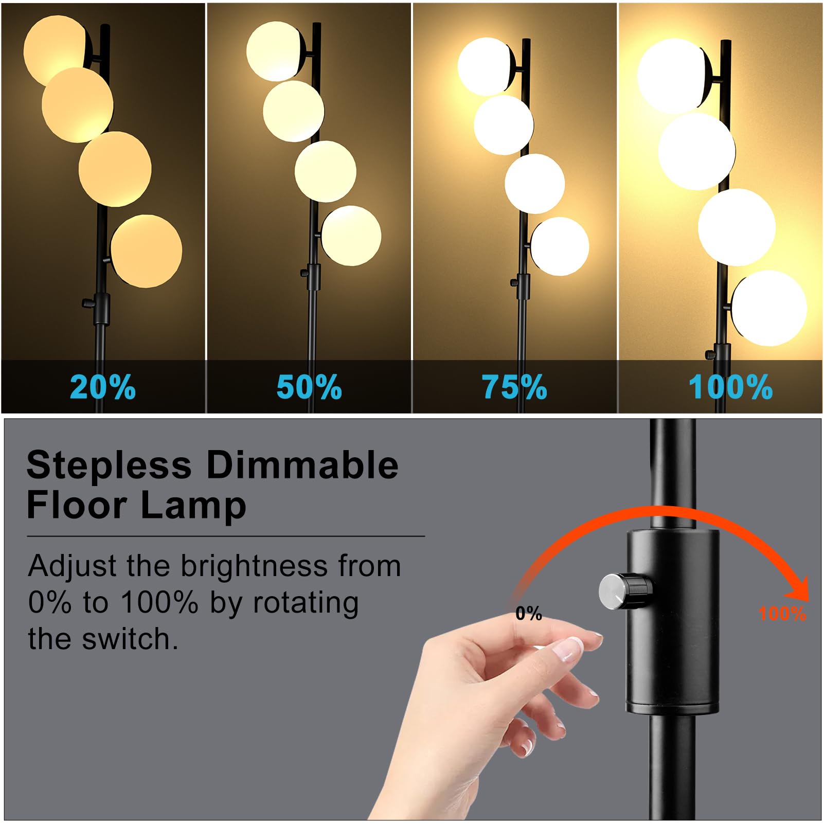 Dimmable Globe Floor Lamp, Gold Standing Lamps with 4PCS 3000K G9 Bulbs Soft Warm White Eye Care, Mid Century Modern Floor Lamp for Living Room