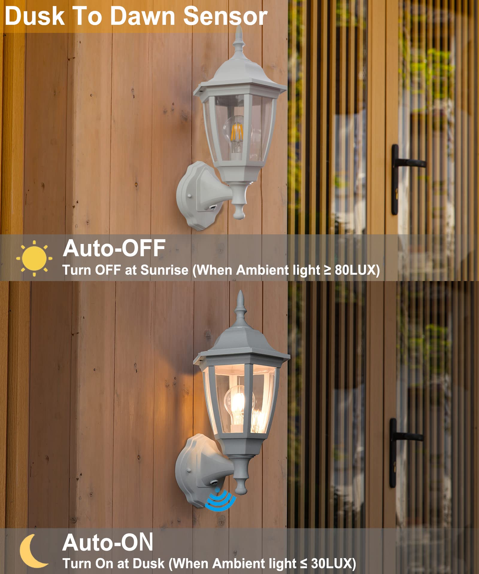 Outdoor Wall Light Dusk to Dawn, Porch Sensor Light White Plastic Anti-Corrosion with LED Edison Filament Bulb, Exterior Mount Lantern for House, Garage (1-Pack), FDS2542PS-W