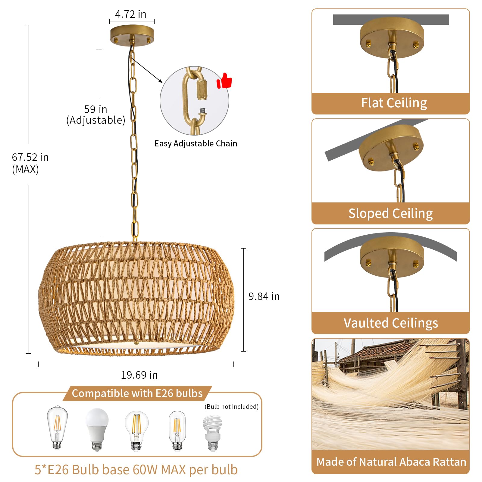 4-Light Rattan Semi Flush Mount Ceiling Light, 15" Boho Light Fixture with Hand-Woven Rattan Shade in Quatrefoil Shape, Farmhouse Boho Chandelier Wicker Light Fixture for Kitchen Bedroom Foyer