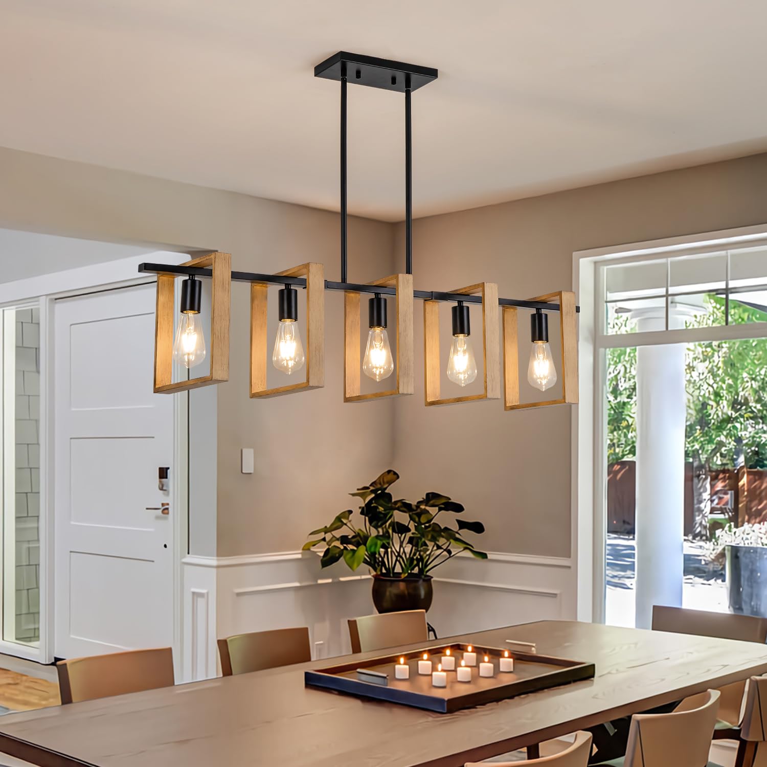 Farmhouse Kitchen Island Lighting Black Chandeliers for Dining Room Wooden Island Lights,Industrial Rectangle Light Fixtures Ceiling Hanging (4 Lights)