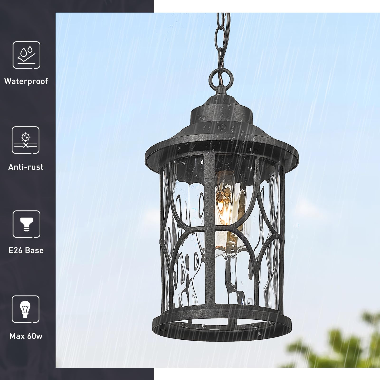 Outdoor Pendant Light for Porch - 12 Inch Farmhouse Exterior Hanging Lantern with Seeded Glass, Black Finish, ZX48H BK