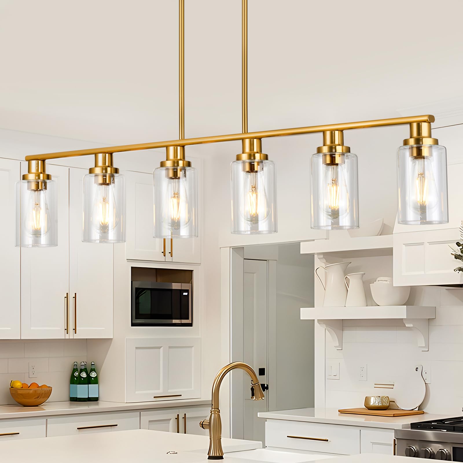 Kitchen Island Lighting, 4-Light Dining Room Light Fixtures Over Table, Gold Linear Chandelier for Dining Room Hanging,Pendant Lights Kitchen Island,with Clear Glass Shade,Height Adjustable