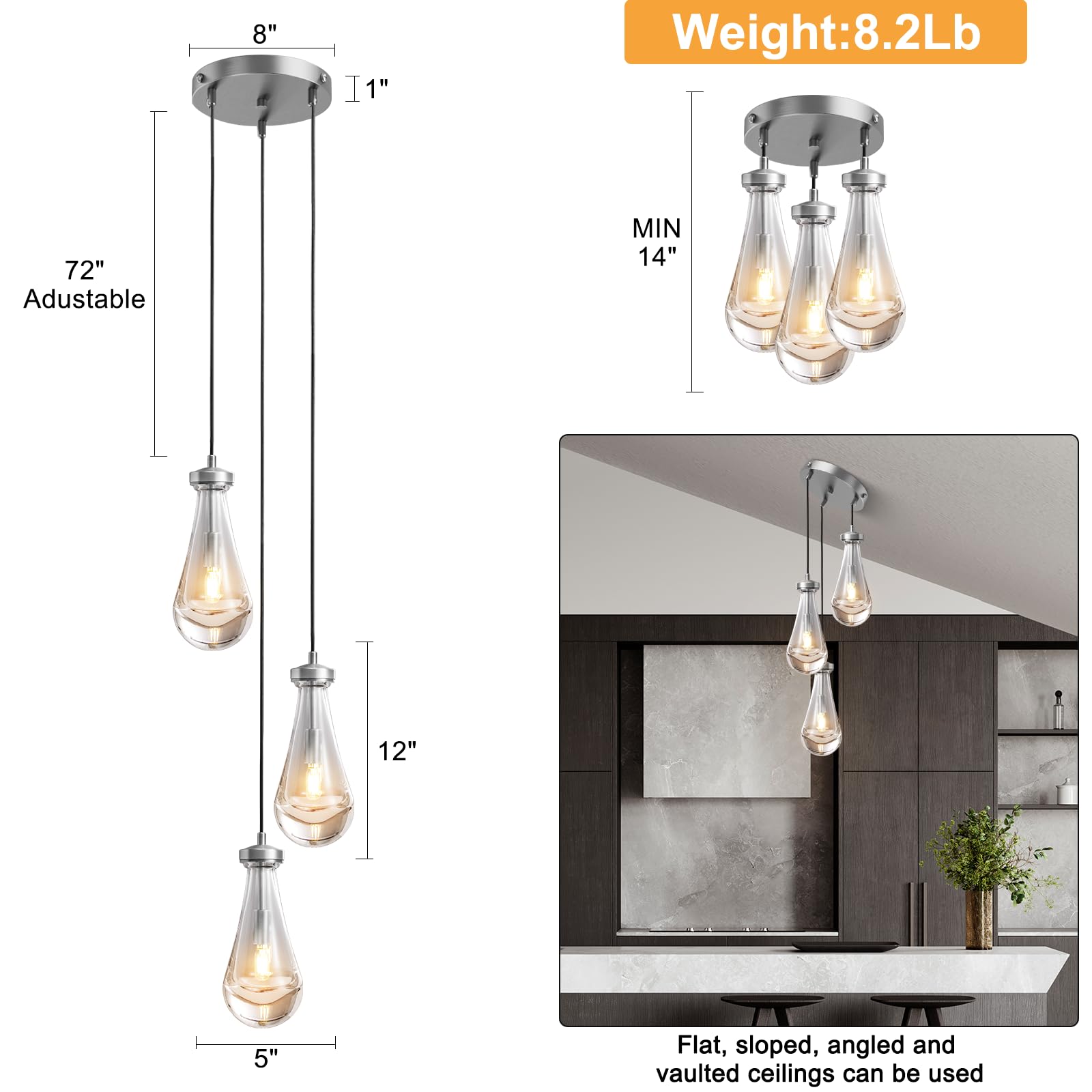 3 Light Pendant Lights Kitchen Island, Raindrop Cluster Pendant Light Fixture, Adjustable Hanging Rope Clear Solid Glass Chandelier for Dining Room, Porch, Corridor, Living Room…