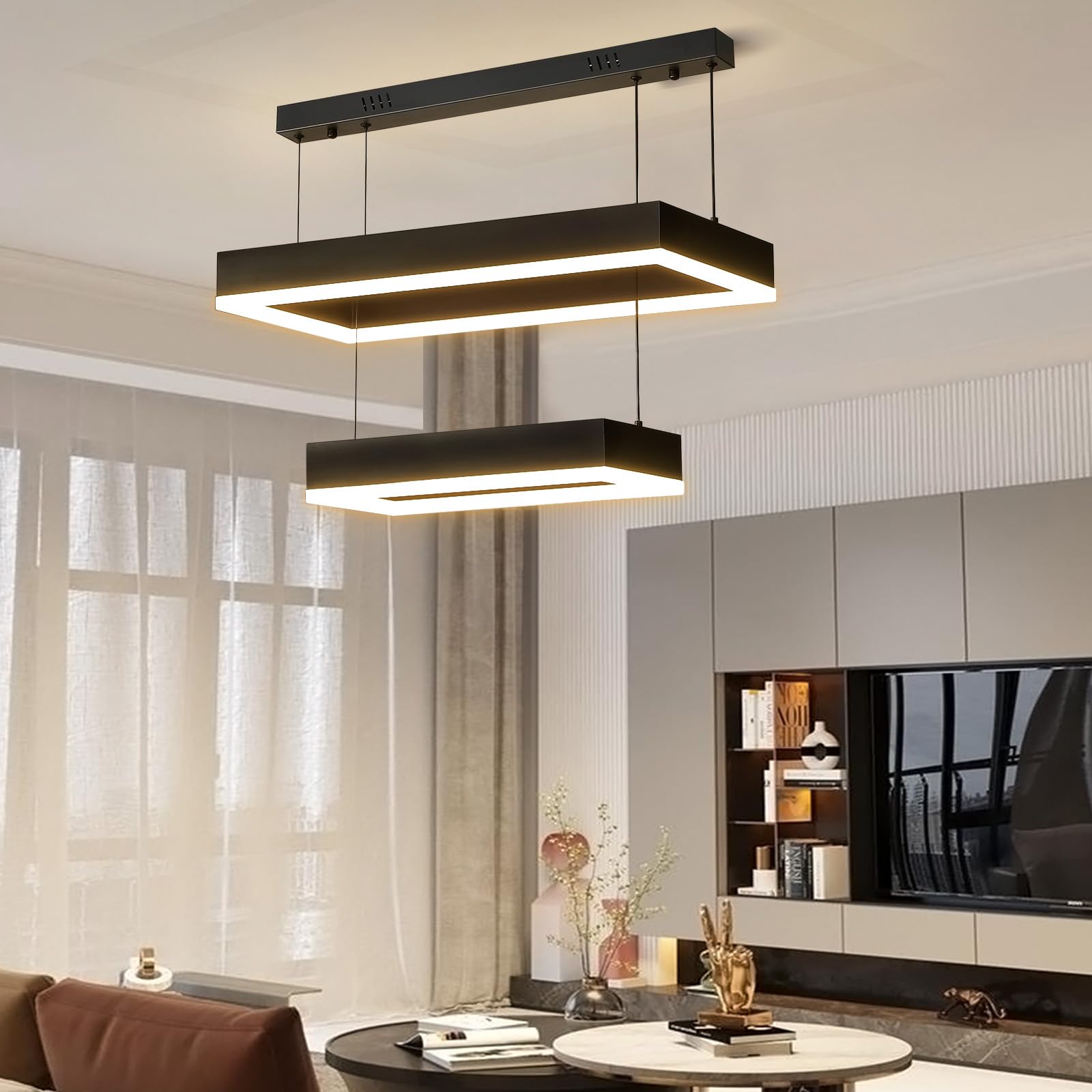 Modern LED Chandelier, Double Rectangles Ceiling Pendant Lights, LED Island Lights Dimmable Chandeliers for Dining Room Living Room Bedrooms, Black (40CM/60CM)