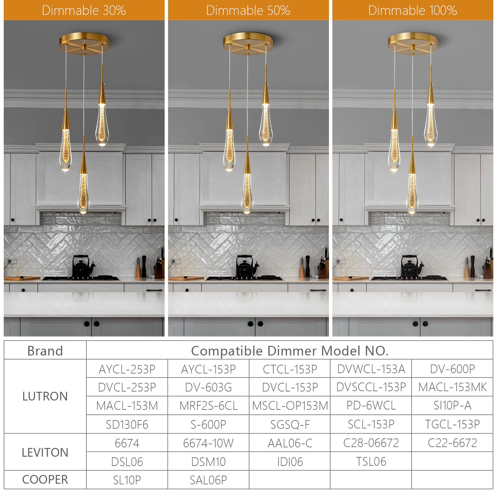 Kitchen Light Fixtures Ceiling Dimmable LED Modern Gold Pendant Light Mini Teardrop Crystal Pendant Light for Kitchen Island Bedroom Hallway Entryway (5-Light)