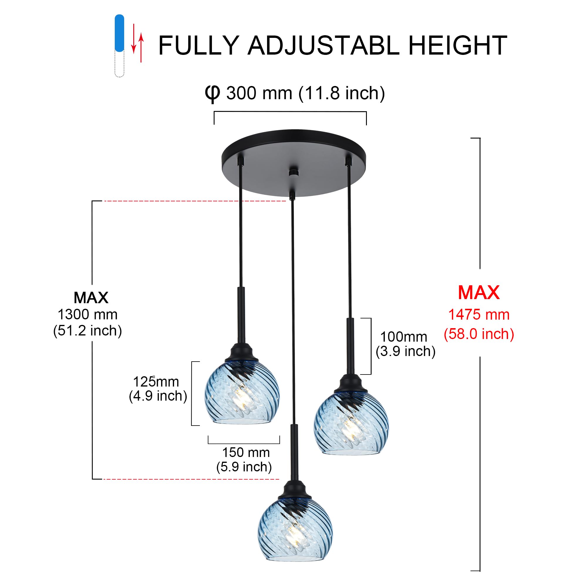 3 Light Island Lights for Kitchen with Striped Swirl Globe Glass, Black Linear Hanging Pendant Light Fixture Farmhouse Chandelier for Dining Room Bar Living Room