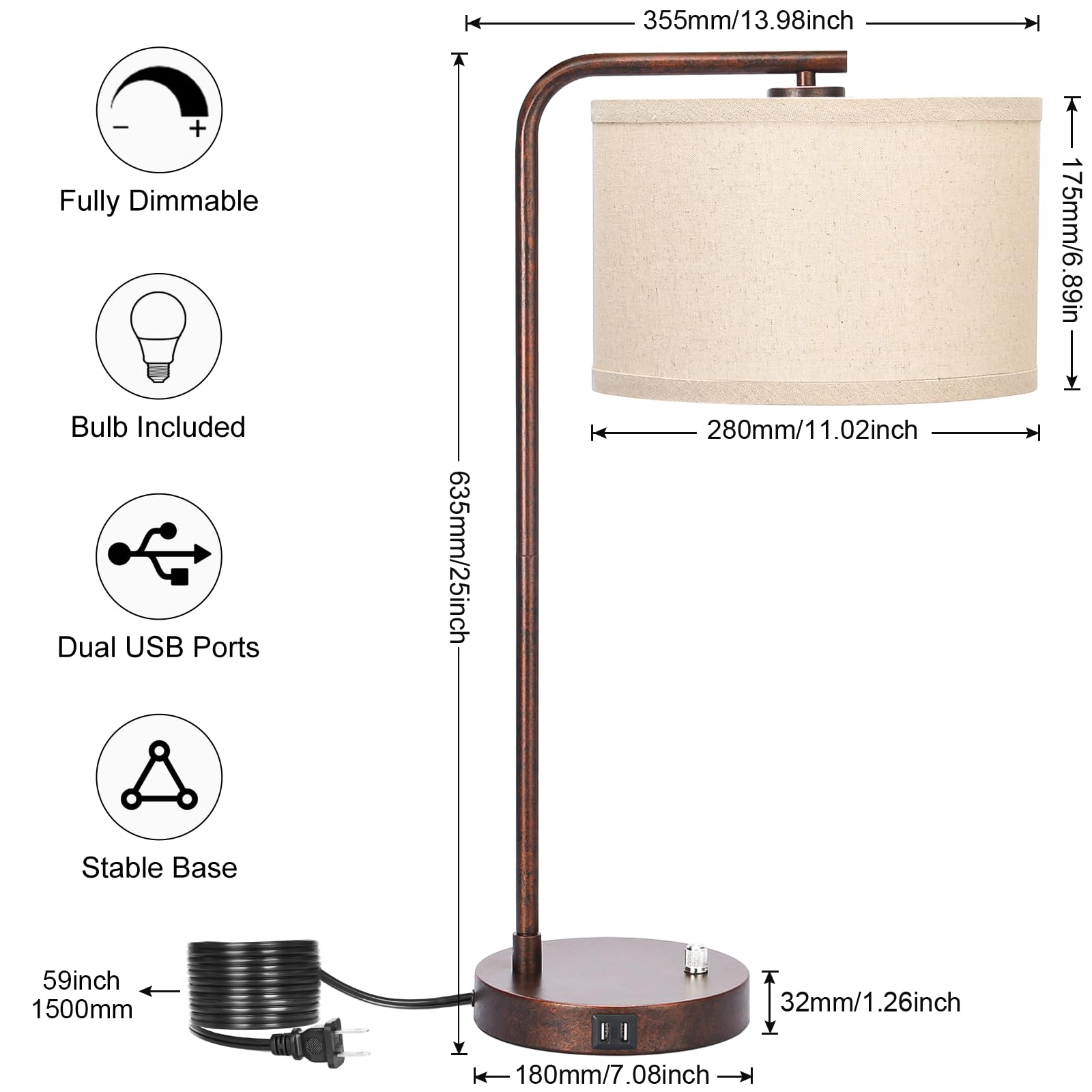 USB Bedside Lamp, Industrial Side Table Lamp with Dual USB Charging Ports, Fully Dimmable Nightstand Lamp, Tall Reading Lamp Desk Lamp for Bedroom, Living Room, Office, 9W LED Bulb Included