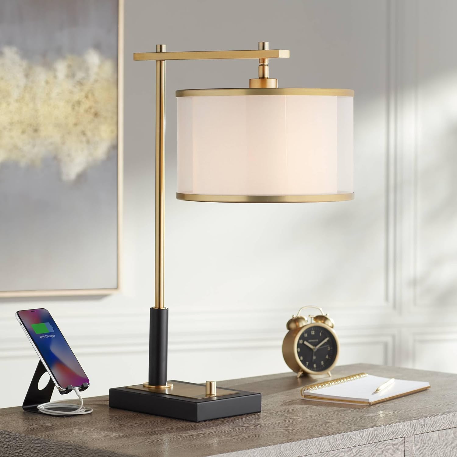 23 1/2" High Small Mid Century Modern Glam Luxe Desk Lamp with Dual USB Ports Black Warm Gold Metal Single Shade Home Office Living Room Charging Bedroom Bedside