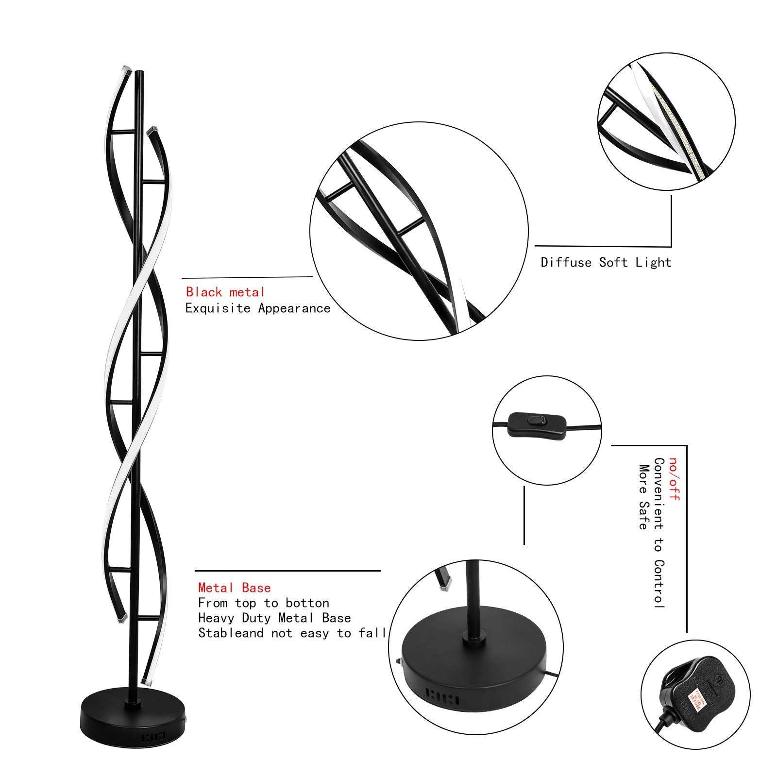 Modern Floor lamp 53 in,LCiWZ 35W Night Light Dimming Standing Lamp,Corner Spiral Floor Lamp with Remote Control,Eye-Caring Reading Light Very Suitable Black.