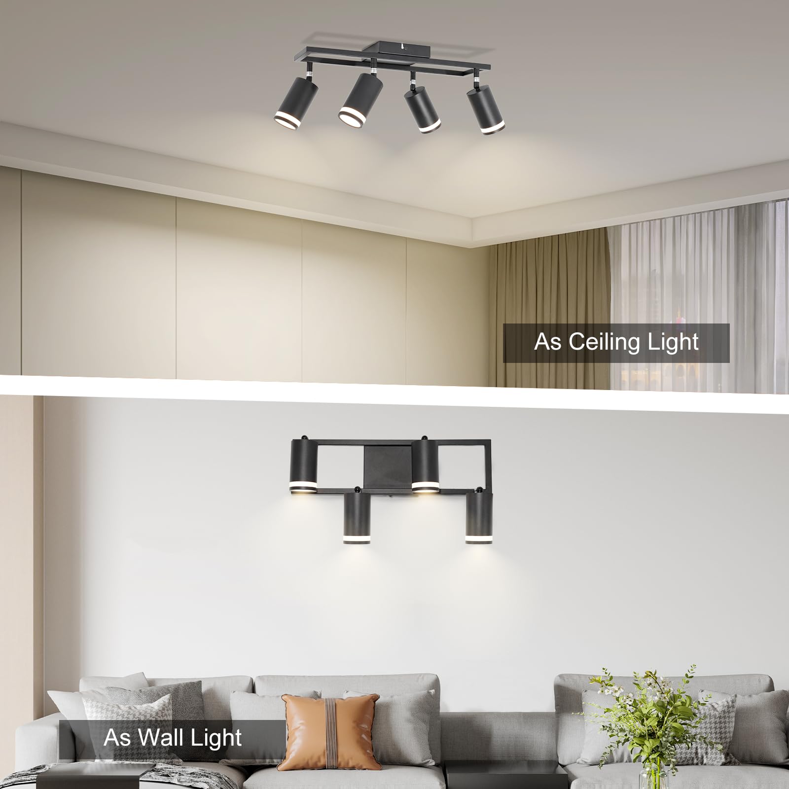 4-Light Track Lighting - Black 4 Way Ceiling Spot Lighting with Rotatable & Detachable GU10 Light Head - Flush Mount Modern LED Track Light Kit for Kitchen Cabinet Gallery Bar Office