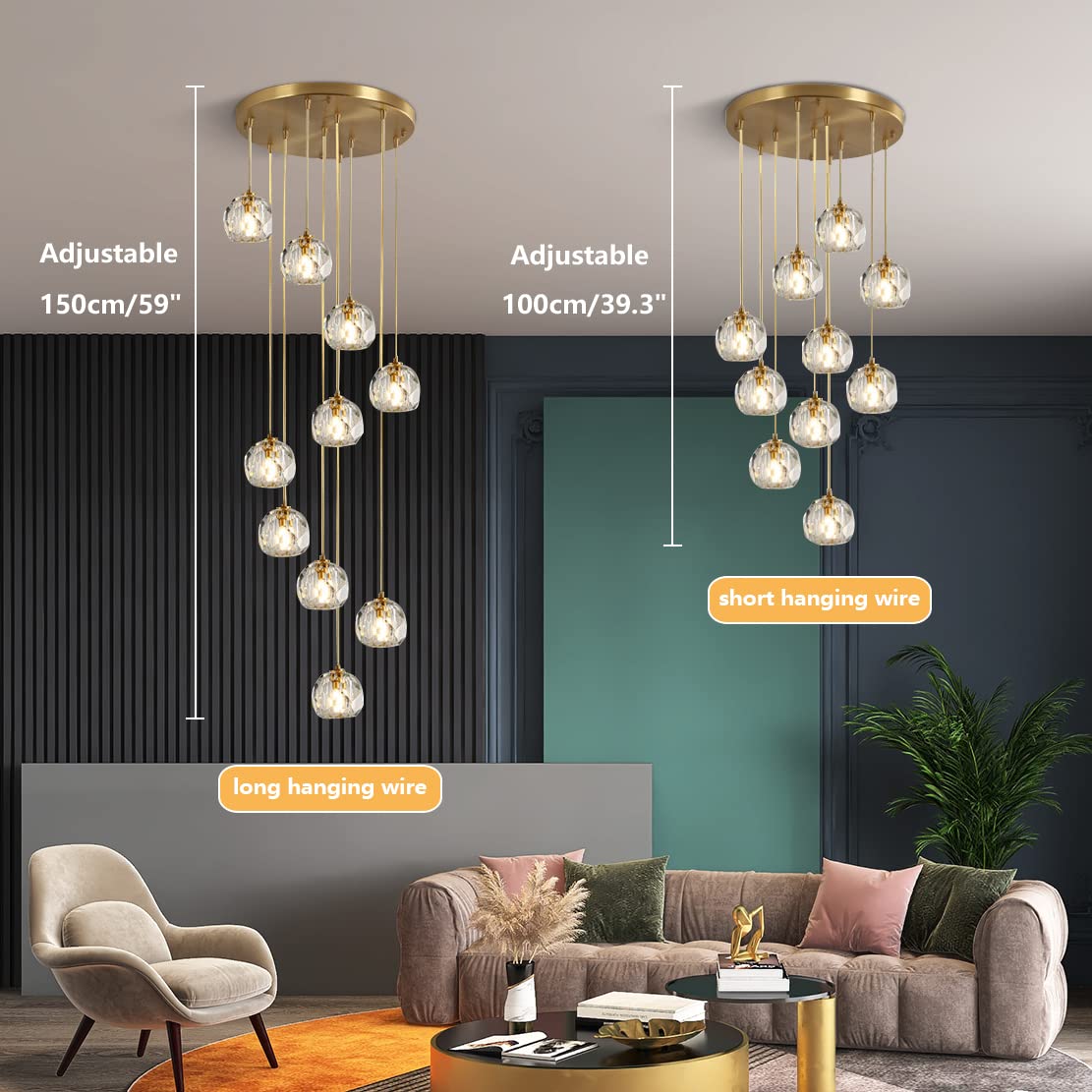 3-Light Cluster Pendant Lighting Crystal Chandelier Gold Hanging Pendant Light Fixture Mid Century Modern Multi Light Pendant Lighting for Dining Room Kitchen Island Bedroom