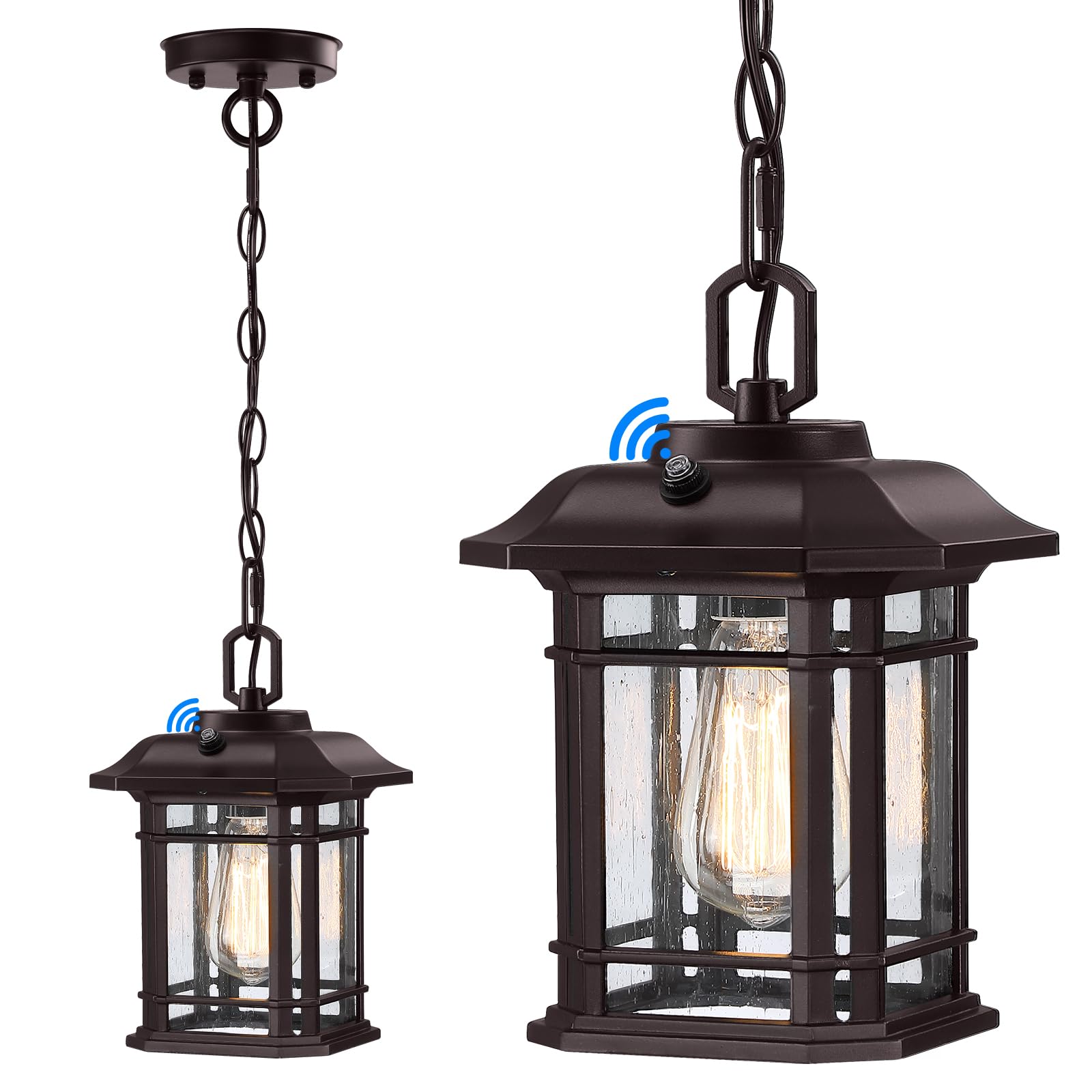 Outdoor Pendant Lights for Porch 10.25'', Black Exterior Hanging Lanterns Outdoor, Farmhouse Outdoor Ceiling Light Fixture, Waterproof Tempered Seed Glass Outdoor Chandelier, 1Pack