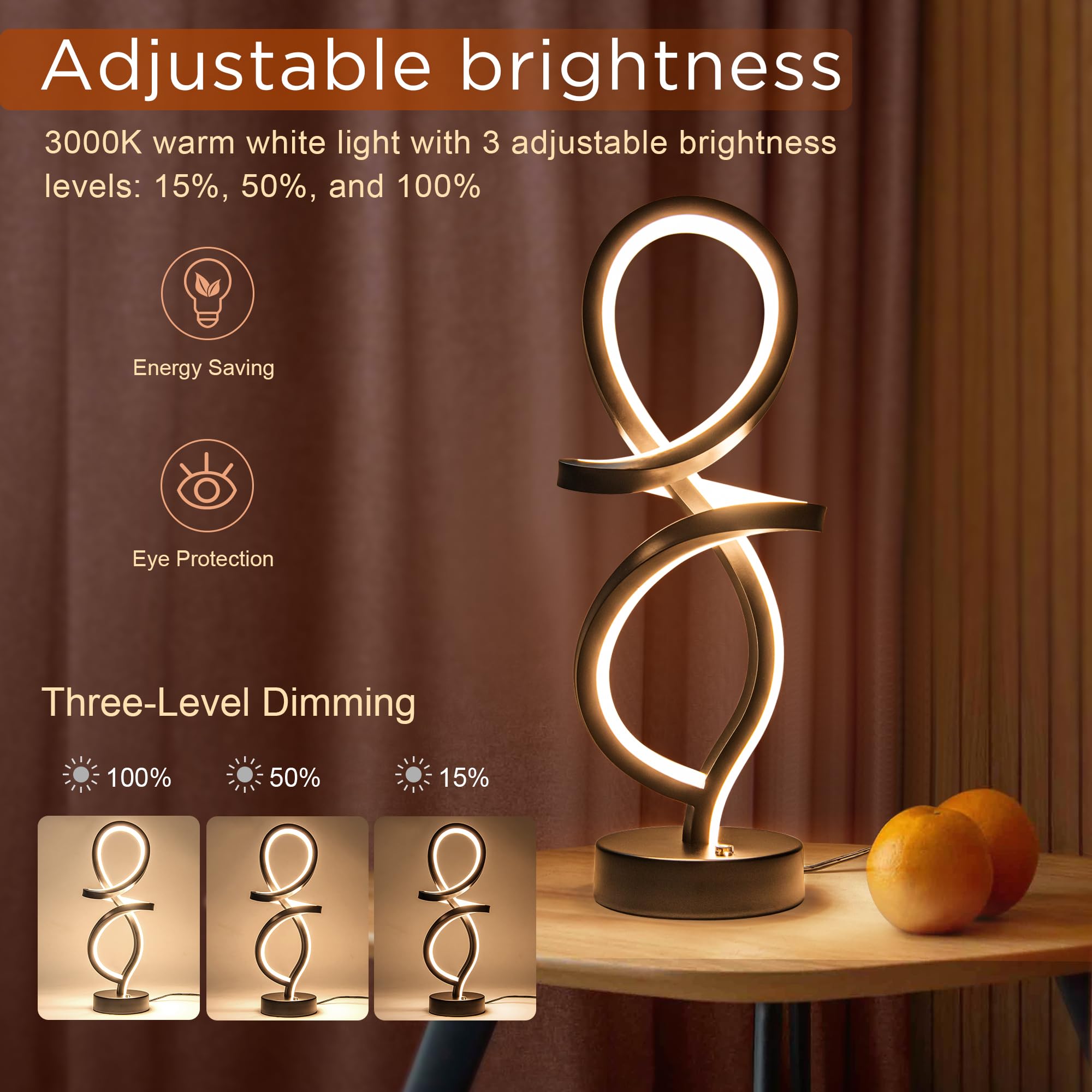 Modern Table Lamp, LED Spiral Lamp, Black Bedside Lamp with Stepless Dimming Switch, Contemporary Nightstand Lamp, LED Lamp for Bedroom Living Room Home Office, 12W, 3200K Warm White