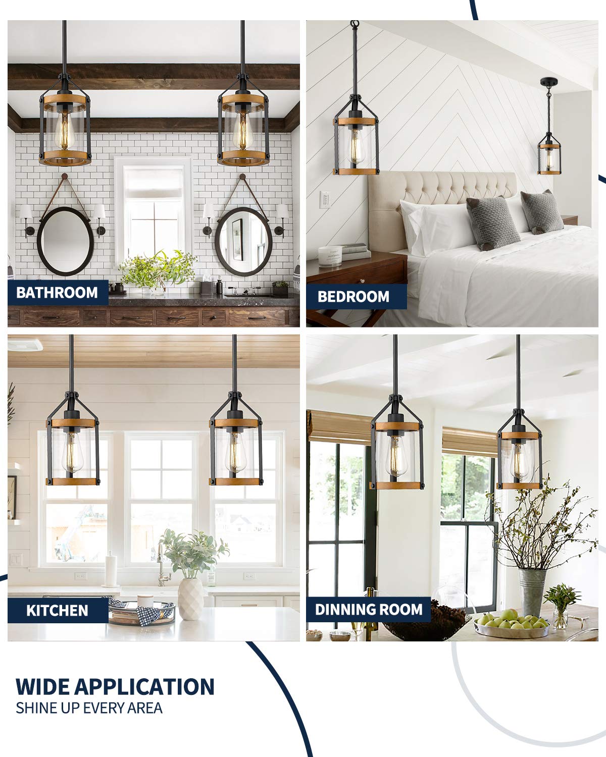 Pendant Light Fixtures, Farmhouse Wood and Glass Pendant Lighting for Kitchen Island, Rustic Length Adjustable MD89437