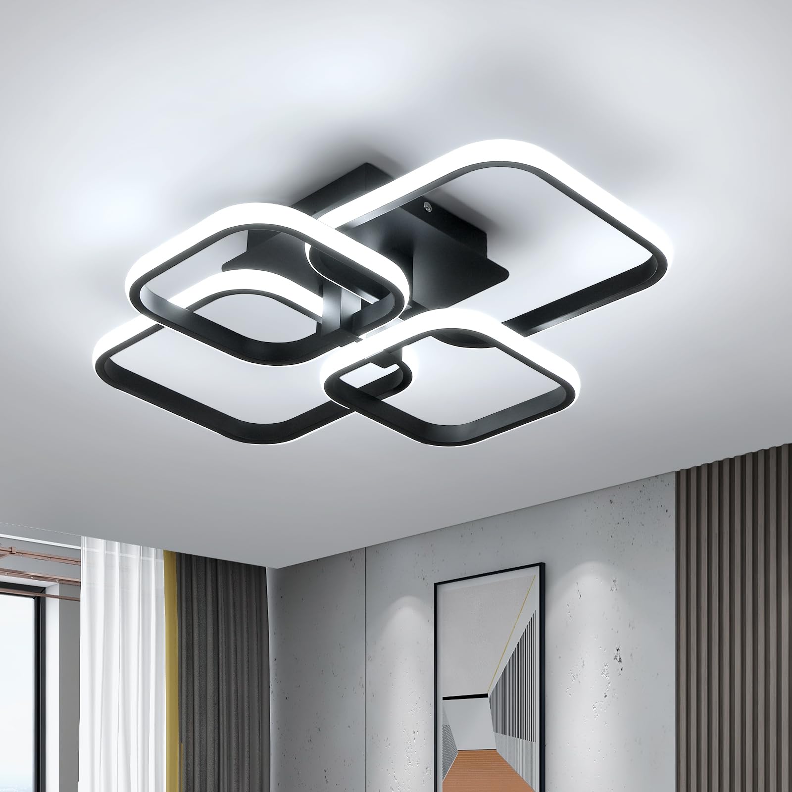 Modern LED Ceiling Light - 60W 4500K Black Semi Flush Mount Ceiling Light Fixtures, 4-Square Design Ceiling Lamp for Living Room, Kitchen, Bedroom, Dining Room