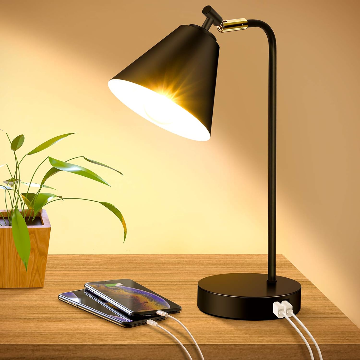 Industrial Dimmable Desk Lamp with 2 USB Charging Ports AC Outlet, Touch Control Bedside Nightstand Reading Lamp Flexible Head, Black Metal Table Lamp for Bedroom Office Living Room, Bulb Included