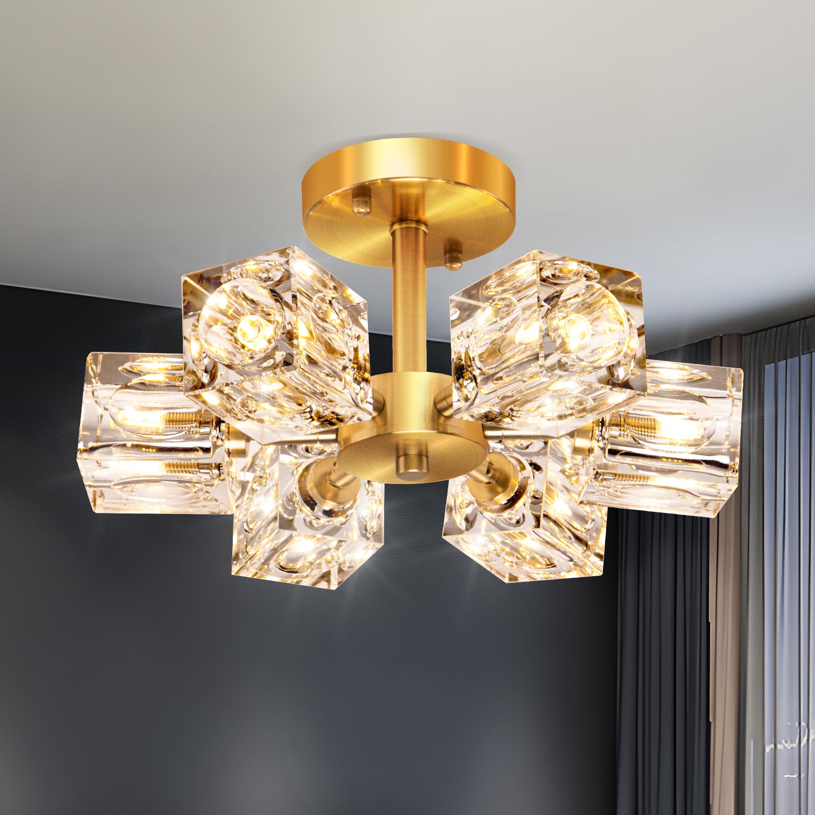 Semi Flush Mount Ceiling Light Fixture Modern 6 Lights Gold Crystal Chandelier,Brushed Nickel Sputnik Chandeliers for Hallway Entryway Bedroom Dining Room Farmhouse Kitchen Office